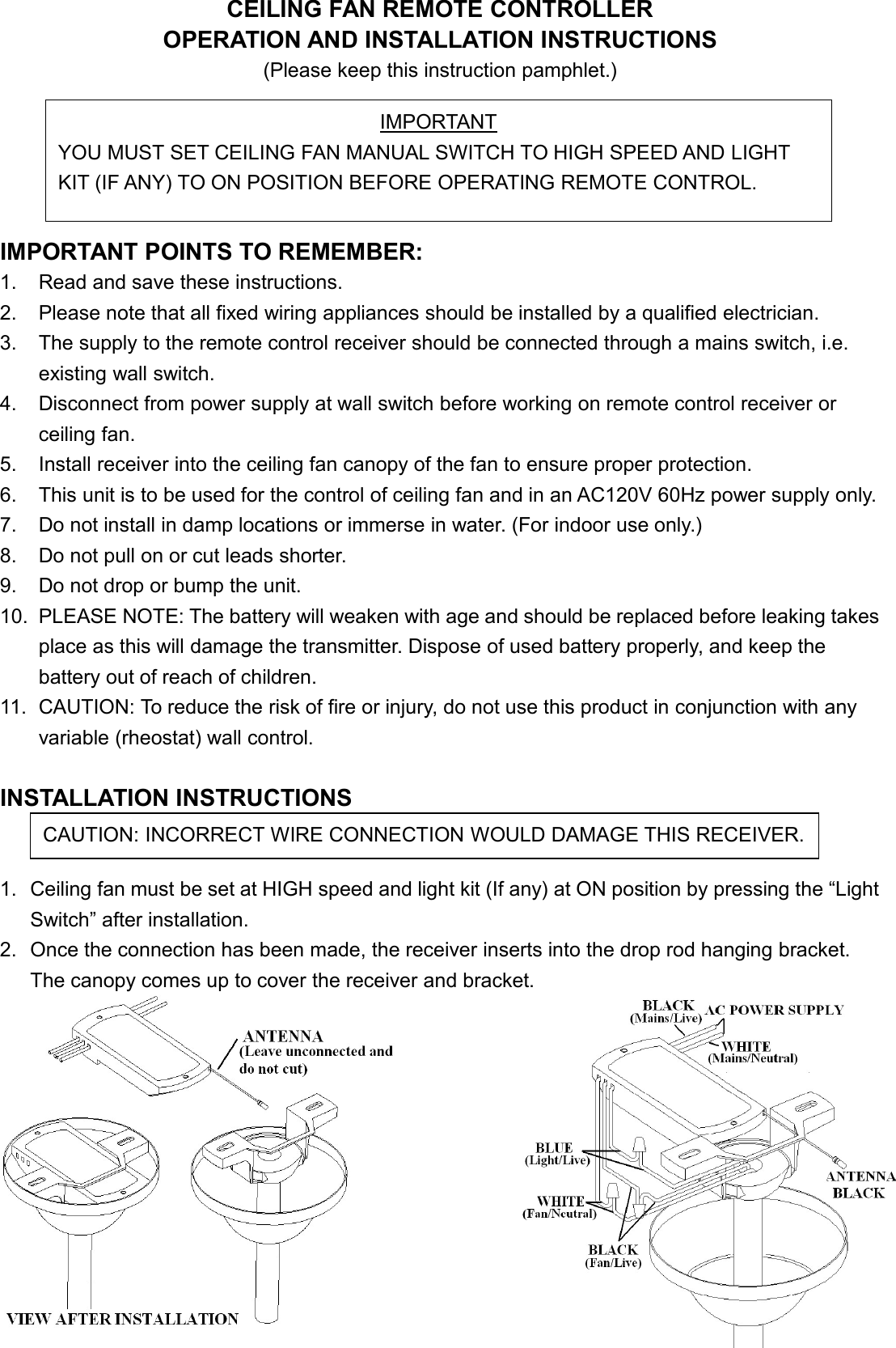 Page 1 of Chungear Co CE10615 Ceiling Fan Remote Controller (Transmitter) User Manual 