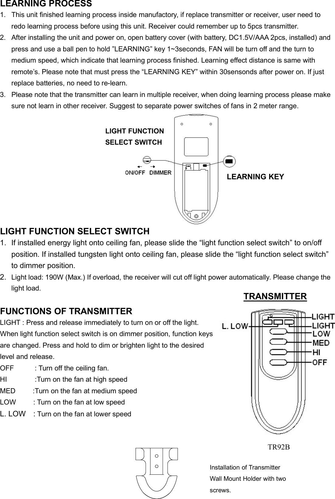 Page 2 of Chungear Co CE10615 Ceiling Fan Remote Controller (Transmitter) User Manual 