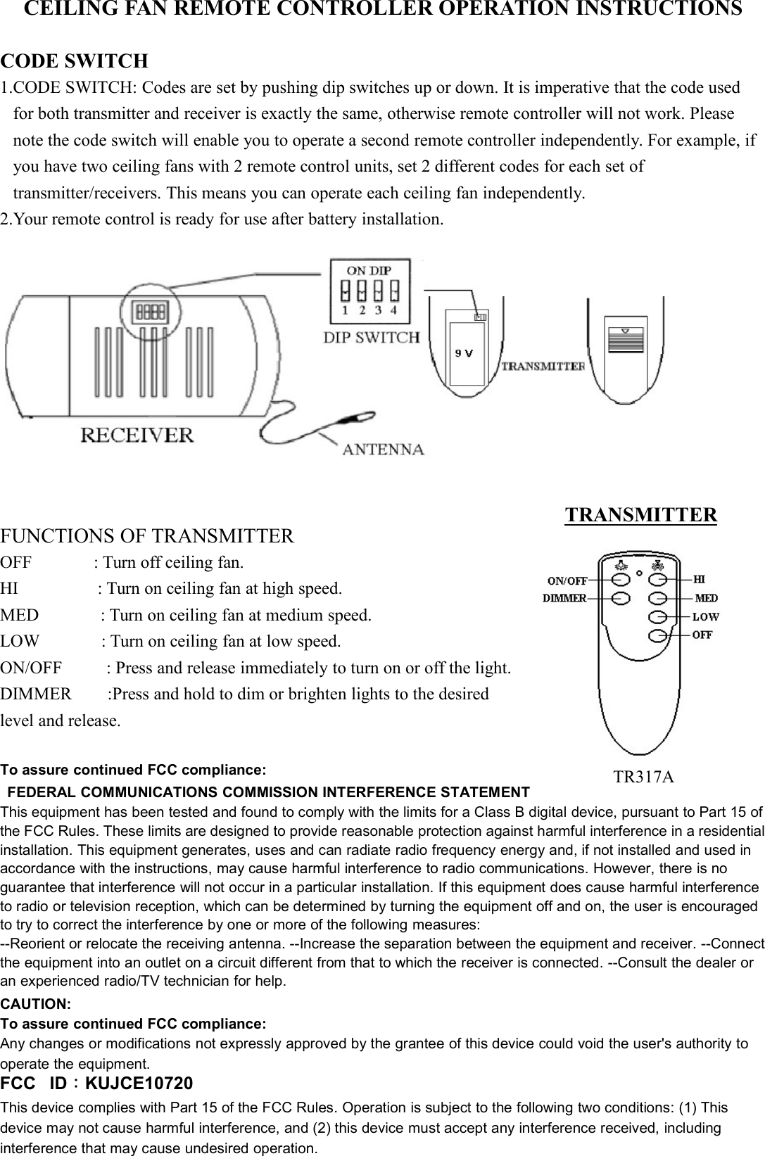 Page 1 of Chungear Co CE10720 Ceiling Fan Remote Controller (Transmitter) User Manual 