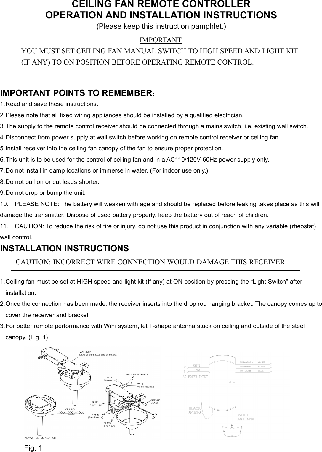 Page 1 of Chungear Co CE10723 Ceiling Fan Remote Controller (Transmitter) User Manual 