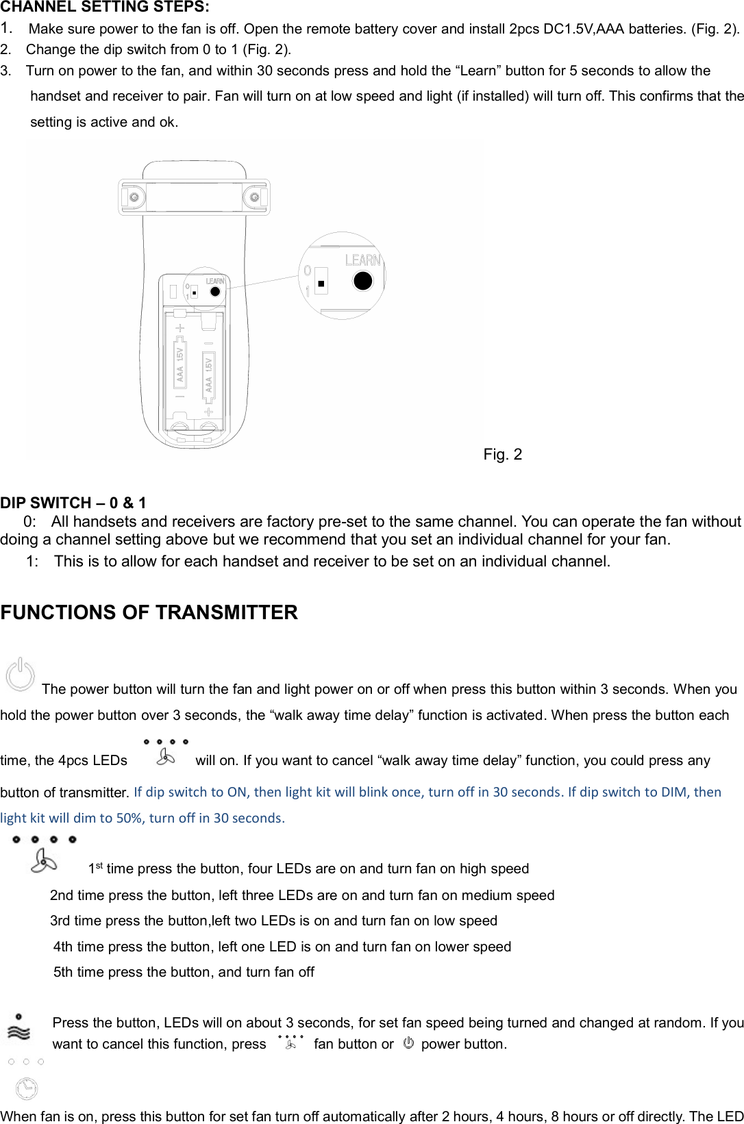 Page 2 of Chungear Co CE10723 Ceiling Fan Remote Controller (Transmitter) User Manual 