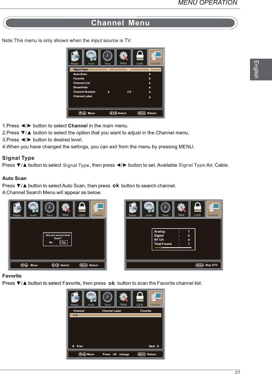 okokokSignal TypeSignal Type Signal TypeLockLock LockLock27Channel  MenuAirSkip DTV