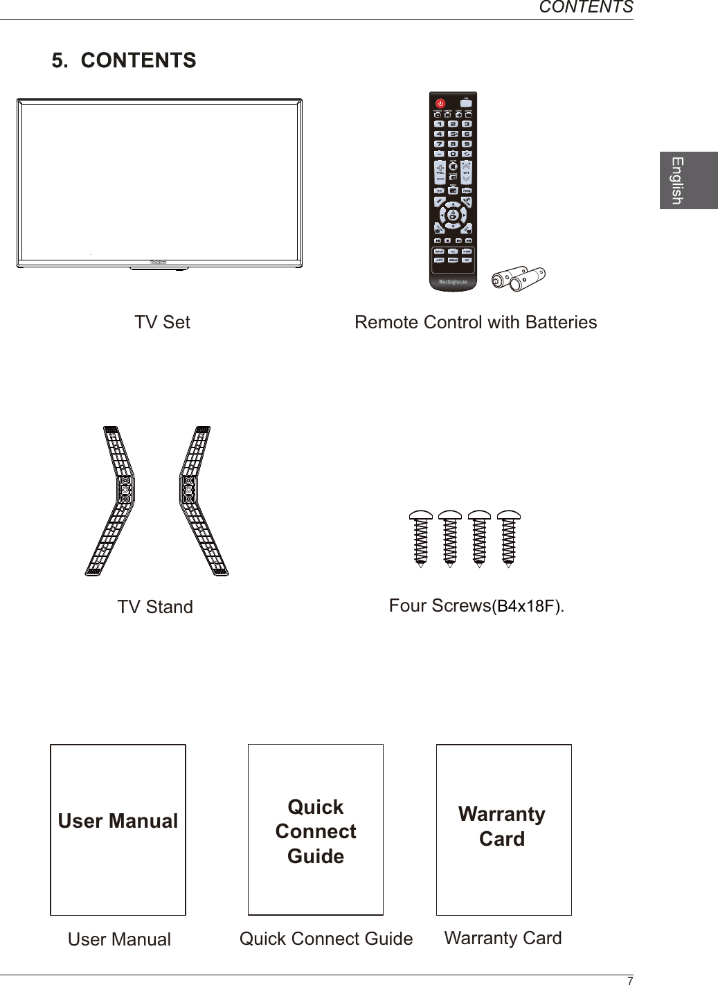 7Quick Connect GuideQuickConnectGuideUser ManualUser ManualRemote Control with BatteriesWarranty CardWarranty CardTV SetTV Stand Four Screws(B4x18F).