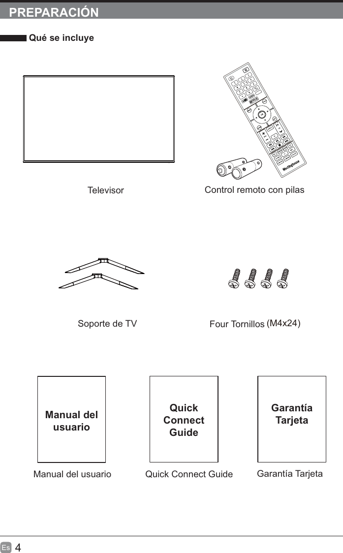 4Es  PREPARACIÓN Qué se incluyeQuick Connect Guide Garantía TarjetaQuickConnect GuideGarantía TarjetaManual del usuarioManual del usuarioControl remoto con pilasTelevisorSoporte de TV Four Tornillos )24x4M(