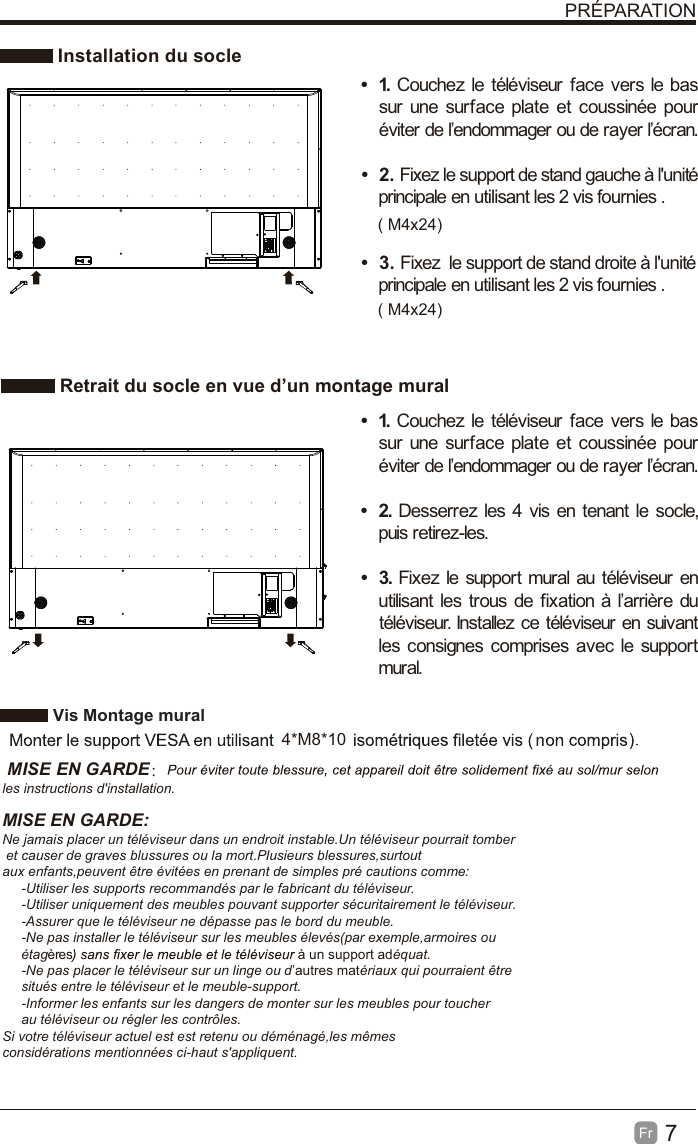 7Fr  PRÉPARATION Installation du socle Retrait du socle en vue d’un montage muralt 1. Couchez le téléviseur face vers le bas sur une surface plate et coussinée pour éviter de l’endommager ou de rayer l’écran.     t 2. Fixez le support de stand gauche à l&apos;unité principale en utilisant les 2 vis fournies . t 3. Fixez  le support de stand droite à l&apos;unité principale en utilisant les 2 vis fournies .t 1. Couchez le téléviseur face vers le bas sur une surface plate et coussinée pour éviter de l’endommager ou de rayer l’écran.t 2. Desserrez les 4 vis en tenant le socle, puis retirez-les.    t 3. Fixez le support mural au téléviseur en utilisant les trous de fixation à l’arrière du téléviseur. Installez ce téléviseur en suivant les consignes comprises avec le support mural.  Vis Montage mural 4*M8*10 MISE EN GARDE：les instructions d&apos;installation.MISE EN GARDE:Ne jamais placer un téléviseur dans un endroit instable.Un téléviseur pourrait tomber et causer de graves blussures ou la mort.Plusieurs blessures,surtout aux enfants,peuvent être évitées en prenant de simples pré cautions comme:     -Utiliser les supports recommandés par le fabricant du téléviseur.     -Utiliser uniquement des meubles pouvant supporter sécuritairement le téléviseur.     -Assurer que le téléviseur ne dépasse pas le bord du meuble.     -Ne pas installer le téléviseur sur les meubles élevés(par exemple,armoires ou      étagères à un support adéquat.     -Ne pas placer le téléviseur sur un linge ou d’autres matériaux qui pourraient être      situés entre le téléviseur et le meuble-support.     -Informer les enfants sur les dangers de monter sur les meubles pour toucher      au téléviseur ou régler les contrôles.Si votre téléviseur actuel est est retenu ou déménagé,les mêmes considérations mentionnées ci-haut s&apos;appliquent.       ( M4x24)( M4x24)