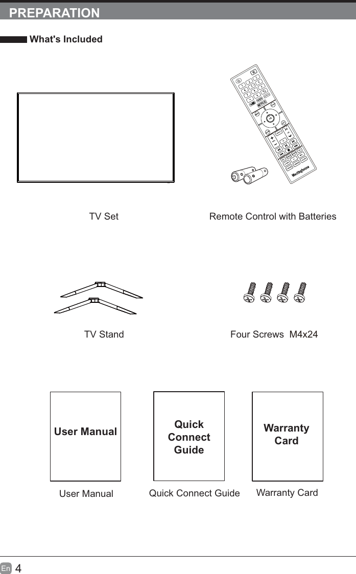 4En  PREPARATION What&apos;s IncludedQuick Connect GuideQuickConnect GuideUser ManualUser ManualRemote Control with BatteriesWarranty CardWarranty CardTV SetTV Stand Four Screws  M4x24