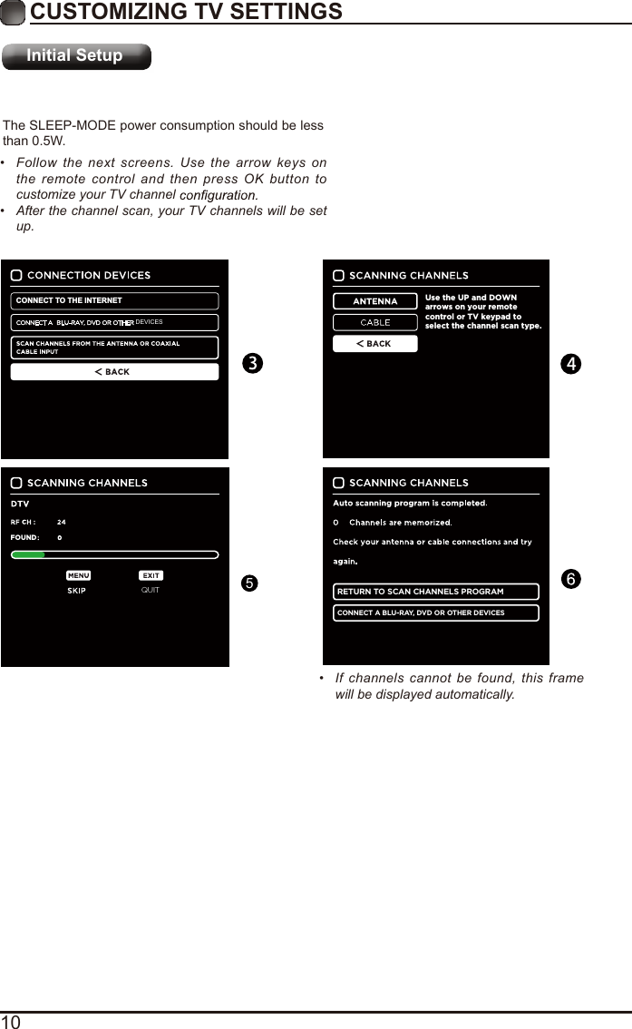 10CUSTOMIZING TV SETTINGSInitial SetupThe SLEEP-MODE power consumption should be less than 0.5W.•  Follow the next screens. Use the arrow keys on the remote control and then press OK button to customize your TV channel •  After the channel scan, your TV channels will be set up.Use the UP and DOWN arrows on your remote control or TV keypad to select the channel scan type.RETURN TO SCAN CHANNELS PROGRAMCONNECT A BLU-RAY, DVD OR OTHER DEVICESQUITFOUNDCONNECT TO THE INTERNETDEVICES•  If channels cannot be found, this frame will be displayed automatically.5