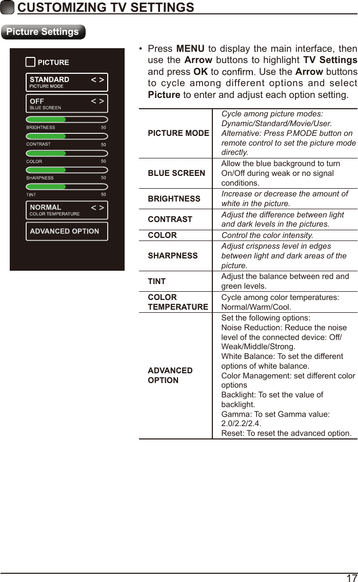 17CUSTOMIZING TV SETTINGSPicture SettingsPICTURE MODECycle among picture modes:Dynamic/Standard/Movie/User.Alternative: Press P.MODE button on remote control to set the picture mode directly.BLUE SCREENAllow the blue background to turn On/Off during weak or no signal conditions.BRIGHTNESS Increase or decrease the amount of white in the picture.CONTRAST Adjust the difference between light and dark levels in the pictures.COLOR Control the color intensity.SHARPNESSAdjust crispness level in edges between light and dark areas of the picture.TINT Adjust the balance between red and green levels.COLOR TEMPERATURECycle among color temperatures: Normal/Warm/Cool.ADVANCED OPTIONSet the following options:Noise Reduction: Reduce the noise level of the connected device: Off/Weak/Middle/Strong.White Balance: To set the different options of white balance.Color Management: set different color optionsBacklight: To set the value of backlight.Gamma: To set Gamma value: 2.0/2.2/2.4.Reset: To reset the advanced option.•  Press MENU to display the main interface,  then use the  Arrow buttons to highlight  TV Settings and press OK to   Use the Arrow buttons to  cycle  among  different  options  and  select Picture to enter and adjust each option setting.   