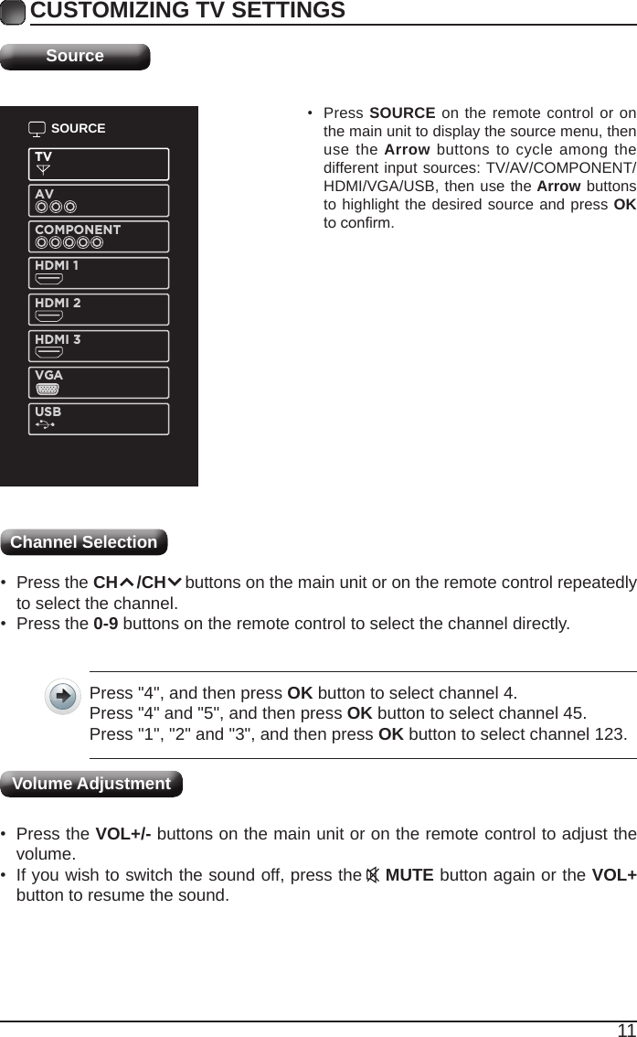11CUSTOMIZING TV SETTINGSSource• Press SOURCE on the remote control or on the main unit to display the source menu, then use the Arrow buttons to cycle among the different input sources: TV/AV/COMPONENT/HDMI/VGA/USB, then use the Arrow buttons to highlight the desired source and press OK toconrm.Channel Selection • Press the CH    /CH    buttons on the main unit or on the remote control repeatedly to select the channel.• Press the 0-9 buttons on the remote control to select the channel directly.Press &quot;4&quot;, and then press OK button to select channel 4.Press &quot;4&quot; and &quot;5&quot;, and then press OK button to select channel 45.Press &quot;1&quot;, &quot;2&quot; and &quot;3&quot;, and then press OK button to select channel 123.• Press the VOL+/- buttons on the main unit or on the remote control to adjust the volume.• If you wish to switch the sound off, press the    MUTE button again or the VOL+ button to resume the sound.Volume AdjustmentSOURCETVAVCOMPONENTHDMI 1HDMI 2HDMI 3VGAUSB