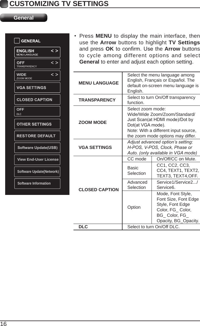 16CUSTOMIZING TV SETTINGSGeneral• Press MENU to display the main interface, then use the Arrow buttons to highlight TV Settings and press OKtoconrm.Usethe Arrow buttons to cycle among different options and select General to enter and adjust each option setting.  MENU LANGUAGESelect the menu language among English, Français or Español. The default on-screen menu language is English.TRANSPARENCY Select to turn On/Off transparency function.ZOOM MODESelect zoom mode:Wide/Wide Zoom/Zoom/Standard/JustScan(atHDMImode)/DotbyDot(atVGAmode).Note: With a different input source,the zoom mode options may differ.VGA SETTINGS Adjustadvancedoption’ssetting:H-POS,V-POS,Clock,PhaseorAuto.(onlyavailableinVGAmode)CLOSED CAPTIONCC mode On/Off/CC on Mute.Basic SelectionCC1, CC2, CC3, CC4, TEXT1, TEXT2, TEXT3, TEXT4,OFF.Advanced Selection Service1/Service2.../Service6.OptionMode, Font Style, Font Size, Font Edge Style, Font Edge Color, FG_ Color, BG_ Color, FG_Opacity, BG_Opacity.DLC Select to turn On/Off DLC.WIDESoftwareUpdate(USB)View End-User LicenseSoftware Update(Network)Software InformationOFFDLC