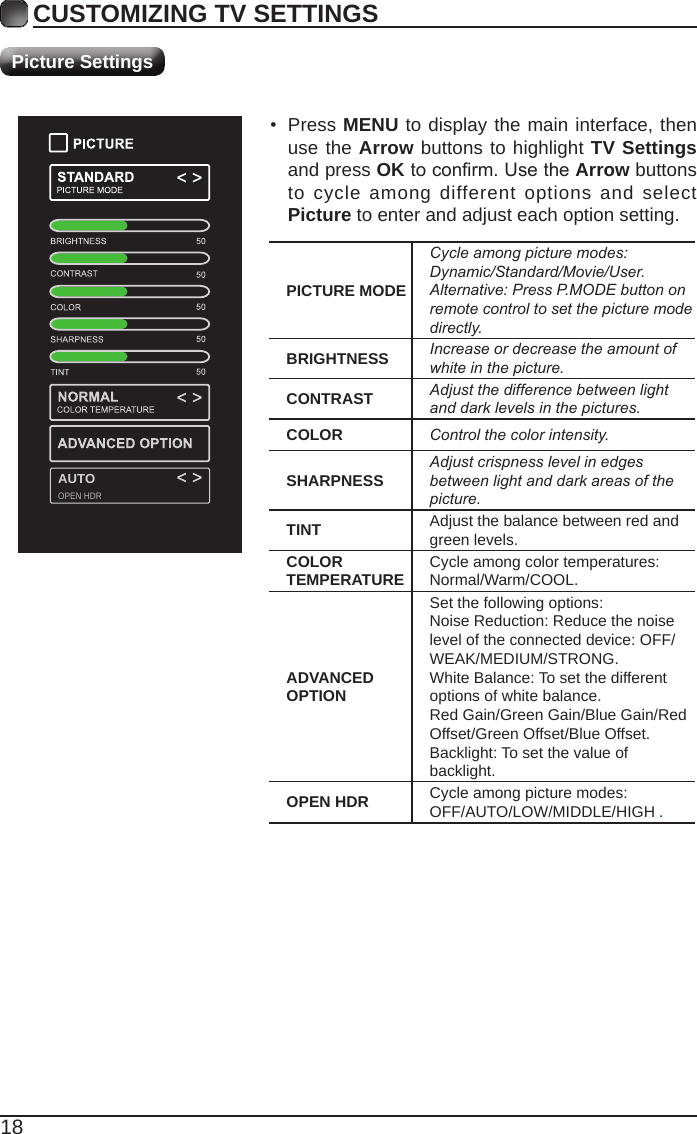 18CUSTOMIZING TV SETTINGSPicture SettingsPICTURE MODECycleamongpicturemodes:Dynamic/Standard/Movie/User.Alternative:PressP.MODEbuttononremotecontroltosetthepicturemodedirectly.BRIGHTNESS Increaseordecreasetheamountofwhiteinthepicture.CONTRAST Adjustthedifferencebetweenlightanddarklevelsinthepictures.COLOR Controlthecolorintensity.SHARPNESS Adjustcrispnesslevelinedgesbetweenlightanddarkareasofthepicture.TINT Adjust the balance between red and green levels.COLOR TEMPERATURE Cycle among color temperatures: Normal/Warm/COOL.ADVANCED OPTIONSet the following options:Noise Reduction: Reduce the noise level of the connected device: OFF/  WEAK/MEDIUM/STRONG.White Balance: To set the different options of white balance.Red Gain/Green Gain/Blue Gain/Red Offset/Green Offset/Blue Offset.Backlight: To set the value of backlight.OPEN HDR Cycle among picture modes:OFF/AUTO/LOW/MIDDLE/HIGH.• Press MENU to display the main interface, then use the Arrow buttons to highlight TV Settings and press OKtoconrm.UsetheArrow buttons to cycle among different options and select Picture to enter and adjust each option setting.   AUTOOPEN HDR