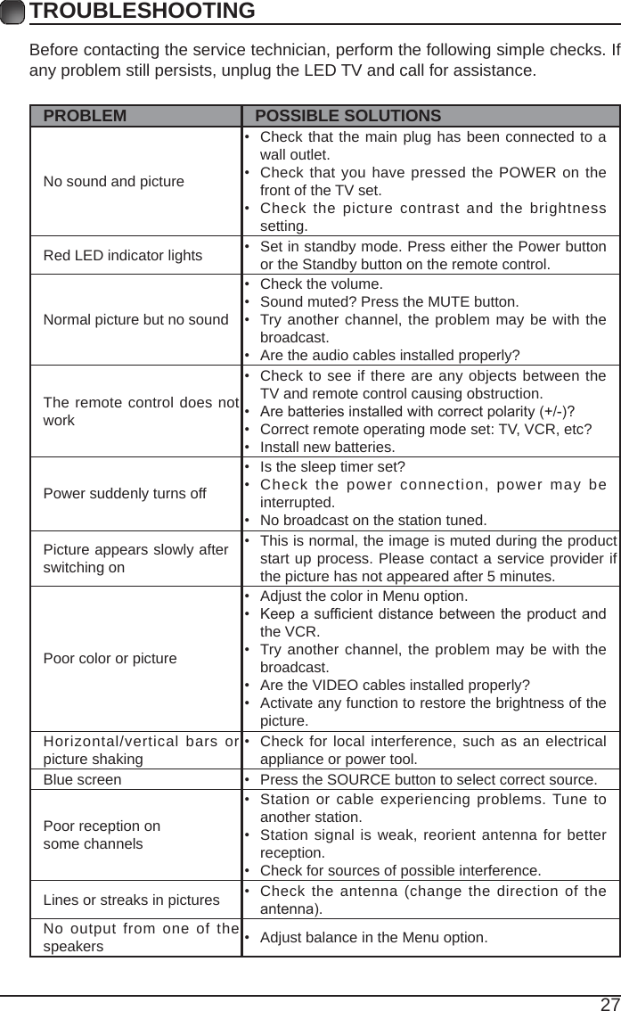 27Before contacting the service technician, perform the following simple checks. If any problem still persists, unplug the LED TV and call for assistance.PROBLEM POSSIBLE SOLUTIONSNo sound and picture• Check that the main plug has been connected to a wall outlet.• Check that you have pressed the POWER on the front of the TV set.• Check the picture contrast and the brightness setting.Red LED indicator lights • Set in standby mode. Press either the Power button or the Standby button on the remote control. Normal picture but no sound• Check the volume.• Sound muted? Press the MUTE button. • Try another channel, the problem may be with the broadcast. • Are the audio cables installed properly? The remote control does not work• Check to see if there are any objects between the TV and remote control causing obstruction. • Arebatteriesinstalledwithcorrectpolarity(+/-)?• Correct remote operating mode set: TV, VCR, etc?• Install new batteries. Power suddenly turns off • Is the sleep timer set?• Check the power connection, power may be interrupted. • No broadcast on the station tuned. Picture appears slowly after switching on • This is normal, the image is muted during the product start up process. Please contact a service provider if the picture has not appeared after 5 minutes. Poor color or picture• Adjust the color in Menu option.• Keepasufcientdistancebetween theproductandthe VCR.• Try another channel, the problem may be with the broadcast.• Are the VIDEO cables installed properly?• Activate any function to restore the brightness of the picture.Horizontal/vertical bars or picture shaking• Check for local interference, such as an electrical appliance or power tool.Blue screen  • Press the SOURCE button to select correct source.Poor reception on some channels• Station or cable experiencing problems. Tune to another station.• Station signal is weak, reorient antenna for better reception.• Check for sources of possible interference. Lines or streaks in pictures • Check the antenna (change the direction of the antenna).No output from one of the speakers • Adjust balance in the Menu option.TROUBLESHOOTING 