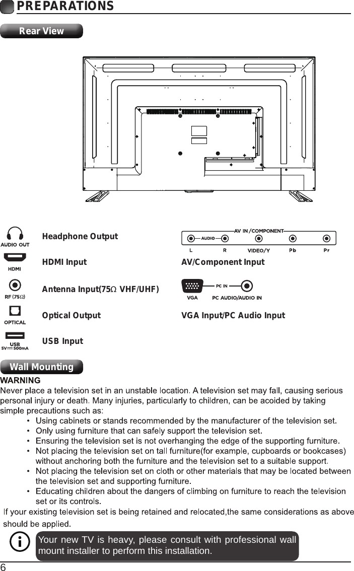6PREPARATIONS Rear ViewYour new TV is heavy, please consult with professional wall mount installer to perform this installation. Wall MountingHeadphone OutputHDMI InputAntenna Input(75Ω VHF/UHF)Optical OutputUSB InputVGA Input/PC Audio InputAV/Component Input