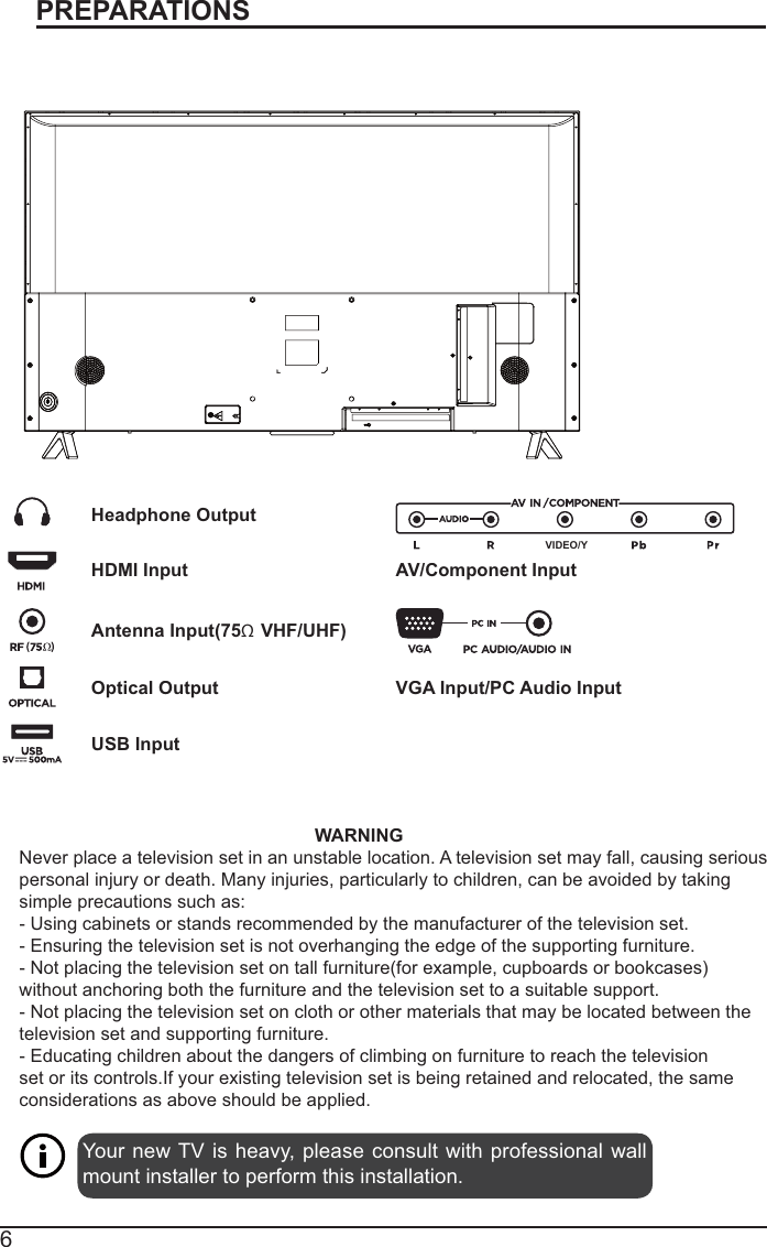 6PREPARATIONSRear ViewYour new TV is heavy, please consult with professional wall mount installer to perform this installation. WARNINGNever place a television set in an unstable location. A television set may fall, causing seriouspersonal injury or death. Many injuries, particularly to children, can be avoided by taking simple precautions such as:- Using cabinets or stands recommended by the manufacturer of the television set.- Ensuring the television set is not overhanging the edge of the supporting furniture.- Not placing the television set on tall furniture(for example, cupboards or bookcases)without anchoring both the furniture and the television set to a suitable support.- Not placing the television set on cloth or other materials that may be located between the television set and supporting furniture.- Educating children about the dangers of climbing on furniture to reach the televisionset or its controls.If your existing television set is being retained and relocated, the same considerations as above should be applied.Wall MountingHeadphone OutputHDMI InputAntenna Input(75Ω VHF/UHF)Optical OutputUSB InputVGA Input/PC Audio InputAV/Component InputVIDEO/Y
