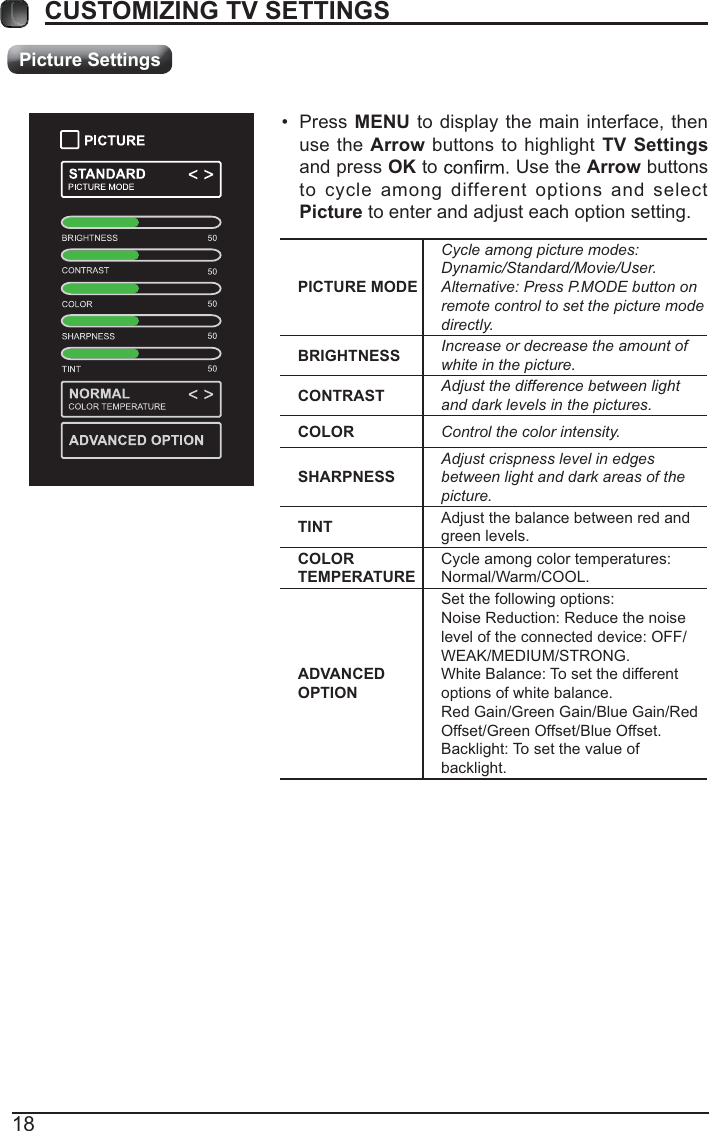 18CUSTOMIZING TV SETTINGSPICTURE MODECycle among picture modes:Dynamic/Standard/Movie/User.Alternative: Press P.MODE button on remote control to set the picture mode directly.BRIGHTNESS Increase or decrease the amount of white in the picture.CONTRAST Adjust the difference between light and dark levels in the pictures.COLOR Control the color intensity.SHARPNESSAdjust crispness level in edges between light and dark areas of the picture.TINT Adjust the balance between red and green levels.COLOR TEMPERATURECycle among color temperatures: Normal/Warm/COOL.ADVANCED OPTIONSet the following options:Noise Reduction: Reduce the noise level of the connected device: OFF/  WEAK/MEDIUM/STRONG.White Balance: To set the different options of white balance.Red Gain/Green Gain/Blue Gain/Red Offset/Green Offset/Blue Offset.Backlight: To set the value of backlight. Press  MENU to display the main interface, then use the Arrow buttons to highlight TV Settings and press OK to   Use the Arrow buttons to cycle among different options and select Picture to enter and adjust each option setting.   Picture Settings