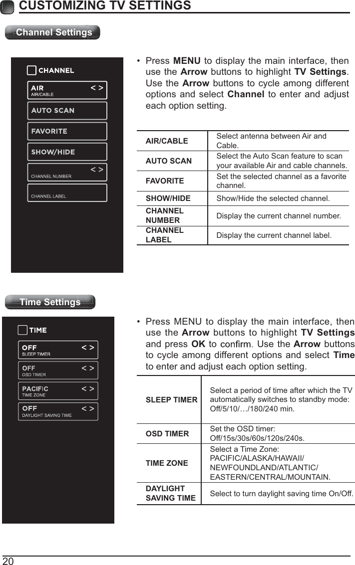 20CUSTOMIZING TV SETTINGSChannel SettingsAIR/CABLE Select antenna between Air and Cable.AUTO SCAN Select the Auto Scan feature to scan your available Air and cable channels.FAVORITE Set the selected channel as a favorite channel.SHOW/HIDE Show/Hide the selected channel.CHANNEL NUMBER Display the current channel number.CHANNEL LABEL Display the current channel label. Press  MENU to display the main interface, then use the Arrow buttons to highlight TV Settings. Use the Arrow buttons to cycle among different options and select Channel to enter and adjust each option setting.Time Settings Press MENU to display the main interface, then use the Arrow buttons to highlight TV Settings and press OK to   Use the Arrow buttons to cycle among different options and select Time to enter and adjust each option setting.SLEEP TIMERSelect a period of time after which the TV automatically switches to standby mode:Off/5/10/…/180/240 min. OSD TIMER Set the OSD timer: Off/15s/30s/60s/120s/240s.TIME ZONESelect a Time Zone: PACIFIC/ALASKA/HAWAII/NEWFOUNDLAND/ATLANTIC/EASTERN/CENTRAL/MOUNTAIN.DAYLIGHT SAVING TIME Select to turn daylight saving time On/Off.ssssssssssssssssssssggggssssssssssgssssssssssChChChChChChChChChChChanananananananananannenenenenenenenenenelllllllllll SSeSeSeSeSeSeSeSeSeSettttttttttttttttttttttiininininininininininggggggggggChannel SettingsTTTTTTTTTTTiiimimimimimimimimimeeeeeeeeee gSSSeSeSeSeSeSeSeSeSettttttttttttttttttttttiiininininininininingsgsgsgsgsgsgsgsgsgsTime Settings