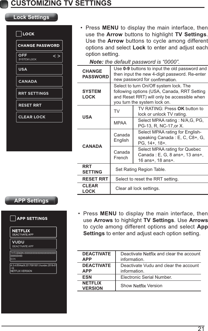 Lock SettingsAPP Settings21CUSTOMIZING TV SETTINGS Press MENU to display the main interface, then use the Arrow buttons to highlight TV Settings. Use the Arrow buttons to cycle among different options and select Lock to enter and adjust each option setting.Note: the default password is “0000”. CHANGE PASSWORDUse 0-9 buttons to input the old password and then input the new 4-digit password. Re-enter new password for SYSTEM LOCKSelect to turn On/Off system lock. The following options (USA, Canada, RRT Setting and Reset RRT) will only be accessible when you turn the system lock on.USATV TV RATING: Press OK button to lock or unlock TV rating.MPAA Select MPAA rating : N/A,G, PG, PG-13, R, NC-17,or X.CANADACanada EnglishSelect MPAA rating for English-speaking Canada : E, C, C8+, G, PG, 14+, 18+.Canada FrenchSelect MPAA rating for Quebec Canada : E, G, 8 ans+, 13 ans+, 16 ans+, 18 ans+.RRT SETTING Set Rating Region Table.RESET RRT Select to reset the RRT setting.CLEAR LOCK Clear all lock settings. gAPPg Settings  Press MENU to display the main interface, then use Arrows to highlight TV Settings. Use Arrows to cycle among different options and select App Settings to enter and adjust each option setting.DEACTIVATE APPDeactivate   and clear the account information.DEACTIVATE APPDeactivate Vudu and clear the account information.ESN Electronic Serial Number.NETFLIX VERSION Show   Version