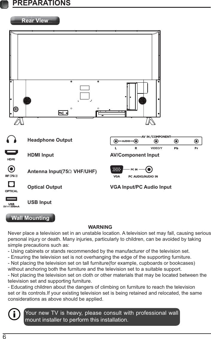 6PREPARATIONS Rear ViewYour new TV is heavy, please consult with professional wall mount installer to perform this installation.                                                           WARNING Never place a television set in an unstable location. A television set may fall, causing serious personal injury or death. Many injuries, particularly to children, can be avoided by taking simple precautions such as:- Using cabinets or stands recommended by the manufacturer of the television set.- Ensuring the television set is not overhanging the edge of the supporting furniture.- Not placing the television set on tall furniture(for example, cupboards or bookcases) without anchoring both the furniture and the television set to a suitable support.- Not placing the television set on cloth or other materials that may be located between the television set and supporting furniture.- Educating children about the dangers of climbing on furniture to reach the television set or its controls.If your existing television set is being retained and relocated, the same considerations as above should be applied.Wall MountingHeadphone OutputHDMI InputAntenna Input(75Ω VHF/UHF)Optical OutputUSB InputVGA Input/PC Audio InputAV/Component InputVIDEO/YRViRRViRRViRReReReReReReReRearararararararar VVVVVVVVieieieieieieieiewwwwwwwRear ViewgWWWWWWWWWWWWaaaaaaallllllllllllllllll MMMMMMMMMououououououounnnnnnntttttttttgiiinininininininggggggggWall Mounting