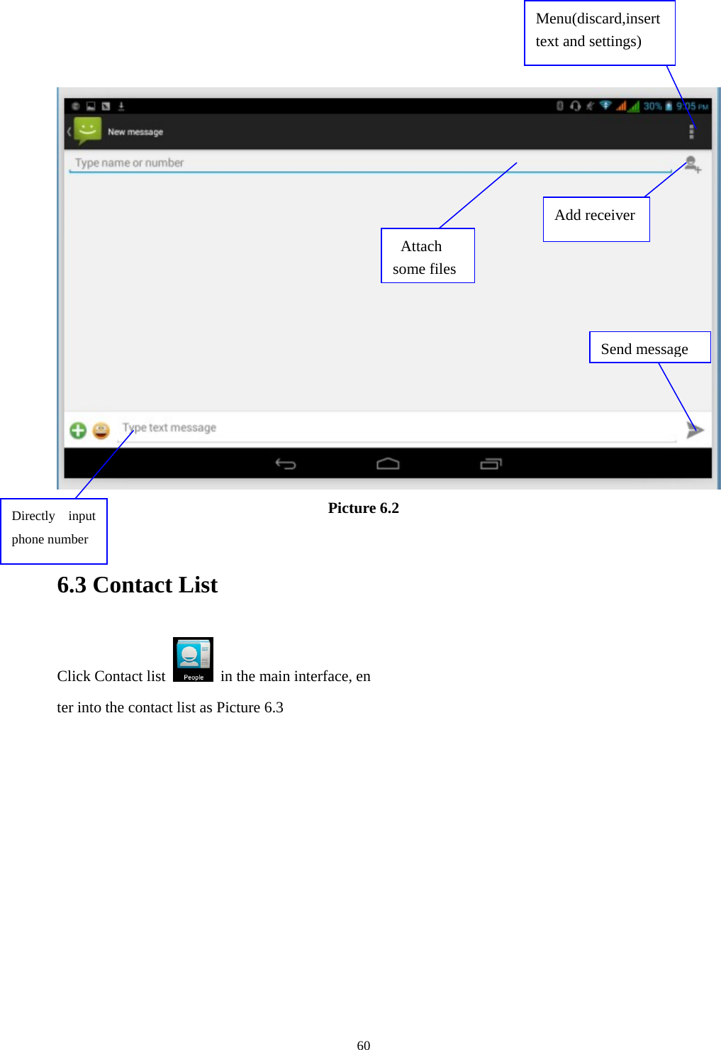     60     Picture 6.2  6.3 Contact List Click Contact list    in the main interface, en ter into the contact list as Picture 6.3 Directly input phone number Add receiver Send message Attach some filesMenu(discard,insert text and settings) 