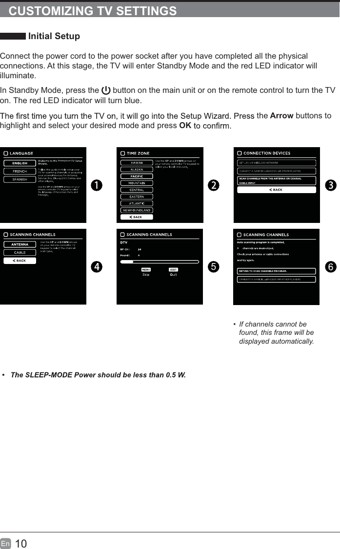 10EnCUSTOMIZING TV SETTINGS Initial SetupConnect the power cord to the power socket after you have completed all the physical connections. At this stage, the TV will enter Standby Mode and the red LED indicator will illuminate.In Standby Mode, press the   button on the main unit or on the remote control to turn the TVon. The red LED indicator will turn blue.the Arrow buttons tohighlight and select your desired mode and press OK5 If channels cannot be found, this frame will be displayed automatically.Westinghouse