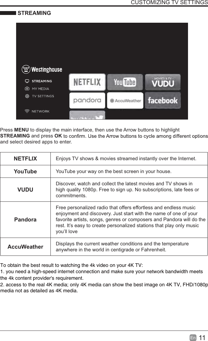11EnCUSTOMIZING TV SETTINGS STREAMINGPress MENU to display the main interface, then use the Arrow buttons to highlight STREAMING and press OKand select desired apps to enter.NETFLIX Enjoys TV shows &amp; movies streamed instantly over the Internet.YouTube YouTube your way on the best screen in your house.VUDUDiscover, watch and collect the latest movies and TV shows in high quality 1080p. Free to sign up. No subscriptions, late fees or commitments.PandoraFree personalized radio that offers effortless and endless music enjoyment and discovery. Just start with the name of one of your favorite artists, songs, genres or composers and Pandora will do the rest. It’s easy to create personalized stations that play only music you’ll loveAccuWeather Displays the current weather conditions and the temperature anywhere in the world in centigrade or Fahrenheit.To obtain the best result to watching the 4k video on your 4K TV:1. you need a high-speed internet connection and make sure your network bandwidth meets 2. access to the real 4K media; only 4K media can show the best image on 4K TV, FHD/1080p the 4k content provider&apos;s requirement.media not as detailed as 4K media.