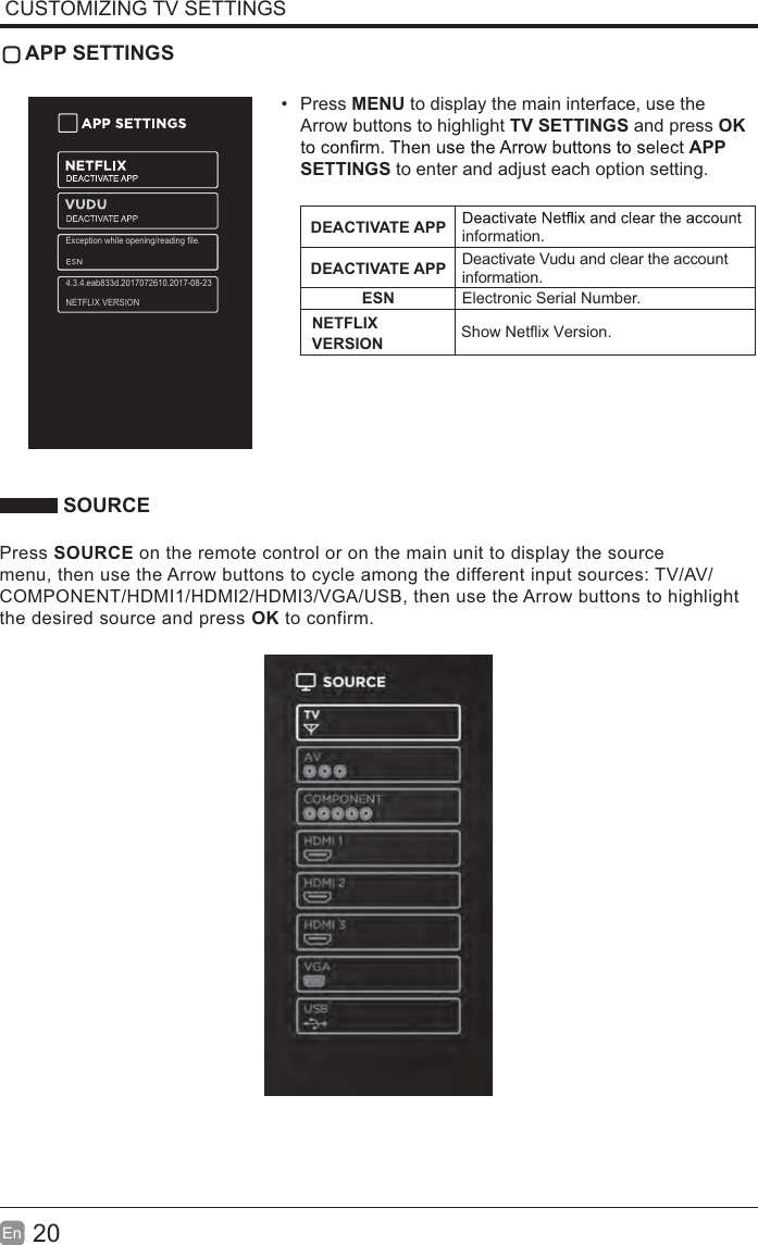 20EnCUSTOMIZING TV SETTINGSAPP SETTINGSPress MENU to display the main interface, use the Arrow buttons to highlight TV SETTINGS and press OKAPPSETTINGS to enter and adjust each option setting.DEACTIVATE APP information.DEACTIVATE APP Deactivate Vudu and clear the accountinformation.ESN Electronic Serial Number. SOURCEPress SOURCE on the remote control or on the main unit to display the sourcemenu, then use the Arrow buttons to cycle among the different input sources: TV/AV/COMPONENT/HDMI1/HDMI2/HDMI3/VGA/USB, then use the Arrow buttons to highlightthe desired source and press OK to confirm.NETFLIXVERSION Show Netflix Version.Exception while opening/reading file.4.3.4.eab833d.2017072610.2017-08-23NETFLIX VERSION