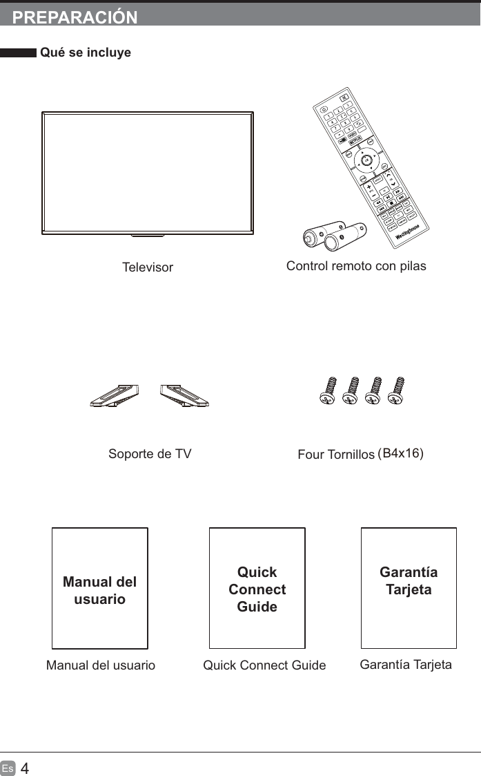 4EsPREPARACIÓN Qué se incluyeQuick Connect Guide Garantía TarjetaQuickConnectGuideGarantíaTarjetaManual del usuarioManual del usuarioControl remoto con pilasTelevisorSoporte de TV Four Tornillos B4x16)(