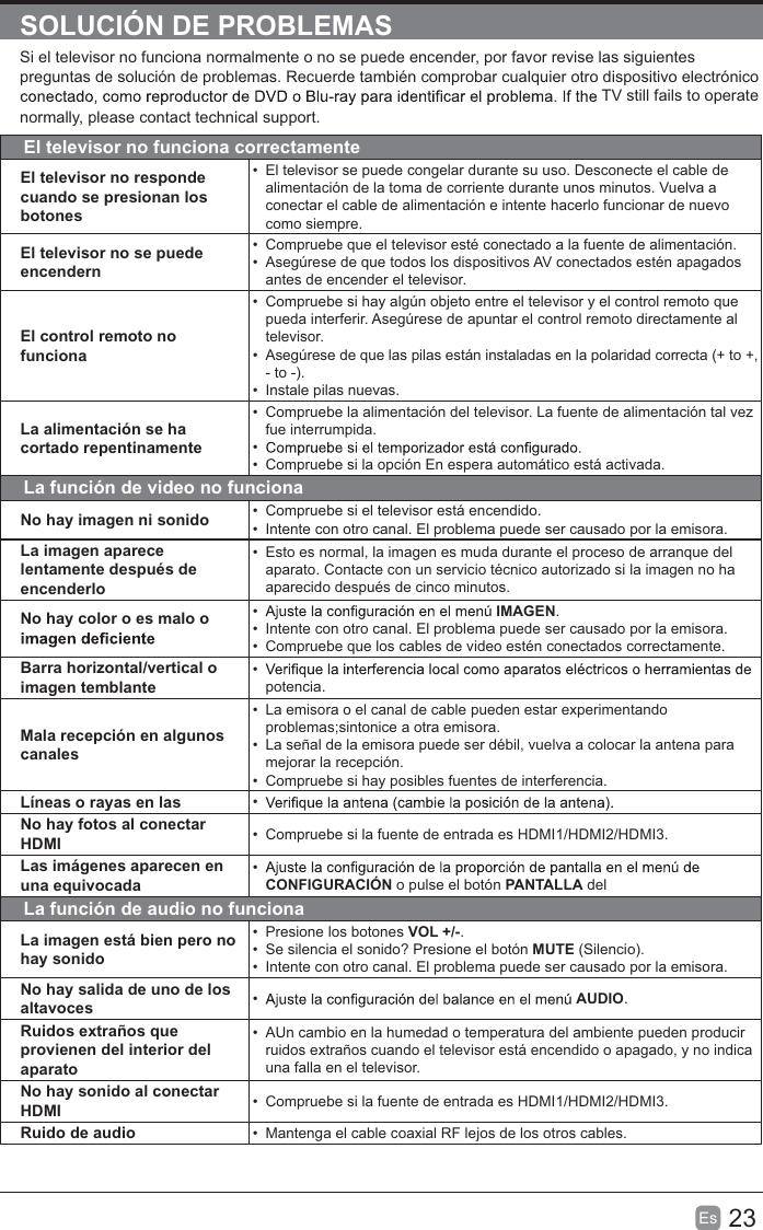 23EsSOLUCIÓN DE PROBLEMASSi el televisor no funciona normalmente o no se puede encender, por favor revise las siguientes preguntas de solución de problemas. Recuerde también comprobar cualquier otro dispositivo electrónico TV still fails to operate normally, please contact technical support.El televisor no funciona correctamenteEl televisor no responde cuando se presionan los botonesEl televisor se puede congelar durante su uso. Desconecte el cable de alimentación de la toma de corriente durante unos minutos. Vuelva a conectar el cable de alimentación e intente hacerlo funcionar de nuevo como siempre.El televisor no se puede encendernCompruebe que el televisor esté conectado a la fuente de alimentación.Asegúrese de que todos los dispositivos AV conectados estén apagados antes de encender el televisor.El control remoto no funcionaCompruebe si hay algún objeto entre el televisor y el control remoto que pueda interferir. Asegúrese de apuntar el control remoto directamente al televisor.Asegúrese de que las pilas están instaladas en la polaridad correcta (+ to +,- to -).Instale pilas nuevas. La alimentación se ha cortado repentinamenteCompruebe la alimentación del televisor. La fuente de alimentación tal vez fue interrumpida.Compruebe si la opción En espera automático está activada. La función de video no funcionaNo hay imagen ni sonido Compruebe si el televisor está encendido.Intente con otro canal. El problema puede ser causado por la emisora.La imagen aparece lentamente después de encenderloEsto es normal, la imagen es muda durante el proceso de arranque del aparato. Contacte con un servicio técnico autorizado si la imagen no ha aparecido después de cinco minutos.No hay color o es malo o  IMAGEN.Intente con otro canal. El problema puede ser causado por la emisora.Compruebe que los cables de video estén conectados correctamente.Barra horizontal/vertical o imagen temblantepotencia.Mala recepción en algunos canalesLa emisora o el canal de cable pueden estar experimentando problemas;sintonice a otra emisora.La señal de la emisora puede ser débil, vuelva a colocar la antena para mejorar la recepción.Compruebe si hay posibles fuentes de interferencia.Líneas o rayas en las No hay fotos al conectar HDMI Compruebe si la fuente de entrada es HDMI1/HDMI2/HDMI3.Las imágenes aparecen en una equivocadaCONFIGURACIÓN o pulse el botón PANTALLA delLa función de audio no funcionaLa imagen está bien pero no hay sonidoPresione los botones VOL +/-.Se silencia el sonido? Presione el botón MUTE (Silencio).Intente con otro canal. El problema puede ser causado por la emisora.No hay salida de uno de los altavoces AUDIO.Ruidos extraños que provienen del interior del aparatoAUn cambio en la humedad o temperatura del ambiente pueden producir ruidos extraños cuando el televisor está encendido o apagado, y no indica una falla en el televisor.No hay sonido al conectar HDMI Compruebe si la fuente de entrada es HDMI1/HDMI2/HDMI3.Ruido de audio Mantenga el cable coaxial RF lejos de los otros cables.