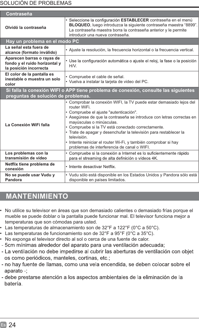 24EsSOLUCIÓN DE PROBLEMASContraseñaOlvidó la contraseñaESTABLECER contraseña en el menú BLOQUEO, luego introduzca la siguiente contraseña maestra “8899”. La contraseña maestra borra la contraseña anterior y le permite introducir una nueva contraseña.Hay un problema en el modo PCLa señal esta fuera de alcance (formato inválido) Ajuste la resolución, la frecuencia horizontal o la frecuencia vertical.Aparecen barras o rayas de fondo y el ruido horizontal y la posición incorrectaH/V.El color de la pantalla es inestable o muestra un solo colorCompruebe el cable de señal.Vuelva a instalar la tarjeta de video del PC.Si falla la conexión WIFI o APP tiene problema de conexión, consulte las siguientes preguntas de solución de problemas.La Conexión WiFi fallaComprobar la conexión WIFI, la TV puede estar demasiado lejos del router WiFi.Compruebe el ajuste &quot;autenticación&quot;.Asegúrese de que la contraseña se introduce con letras correctas en mayúsculas o minúsculas.Compruebe si la TV está conectado correctamente.Trate de apagar y desenchufar la televisión para restablecer la televisión.Intente reiniciar el router Wi-Fi, y también comprobar si hay problemas de interferencia de canal o WIFI.Los problemas con la transmisión de vídeoconexión No se puede usar Vudu y PandoraVudu sólo está disponible en los Estados Unidos y Pandora sólo está disponible en países limitados.MANTENIMIENTONo utilice su televisor en áreas que son demasiado calientes o demasiado frías porque el mueble se puede doblar o la pantalla puede funcionar mal. El televisor funciona mejor a temperaturas que son cómodas para usted.Las temperaturas de almacenamiento son de 32°F a 122°F (0°C a 50°C). Las temperaturas de funcionamiento son de 32°F a 95°F (0°C a 35°C).No exponga el televisor directo al sol o cerca de una fuente de calor.