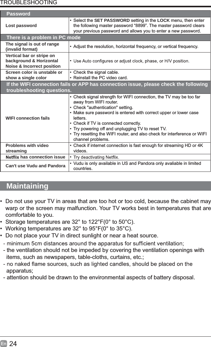 24En  TROUBLESHOOTINGPasswordLost password • Select the SET PASSWORD setting in the LOCK menu, then enter the following master password “8899”. The master password clears your previous password and allows you to enter a new password.There is a problem in PC modeThe signal is out of range (invalid format) •  Adjust the resolution, horizontal frequency, or vertical frequency.Vertical bar or stripe on background &amp; Horizontal Noise &amp; Incorrect position • Screen color is unstable or show a single color •  Check the signal cable.•  Reinstall the PC video card.If the WIFI connection fails or APP has connection issue, please check the following troubleshooting questions.WIFI connection fails•  Check signal strength for WIFI connection, the TV may be too far away from WIFI router.•  Check &quot;authentication&quot; setting.•  Make sure password is entered with correct upper or lower case letters.•  Check if TV is connected correctly.•  Try powering off and unplugging TV to reset TV.•  Try resetting the WIFI router, and also check for interference or WIFI channel problems.Problems with video streaming •  Check if internet connection is fast enough for streaming HD or 4K videos. has connection issue • Can&apos;t use Vudu and Pandora •  Vudu is only available in US and Pandora only avaliable in limited countries.Maintaining•  Do not use your TV in areas that are too hot or too cold, because the cabinet may warp or the screen may malfunction. Your TV works best in temperatures that are comfortable to you.•  Storage temperatures are 32° to 122°F(0° to 50°C).•  Working temperatures are 32° to 95°F(0° to 35°C).•  Do not place your TV in direct sunlight or near a heat source.- the ventilation should not be impeded by covering the ventilation openings with    items, such as newspapers, table-cloths, curtains, etc.;  apparatus;- attention should be drawn to the environmental aspects of battery disposal.