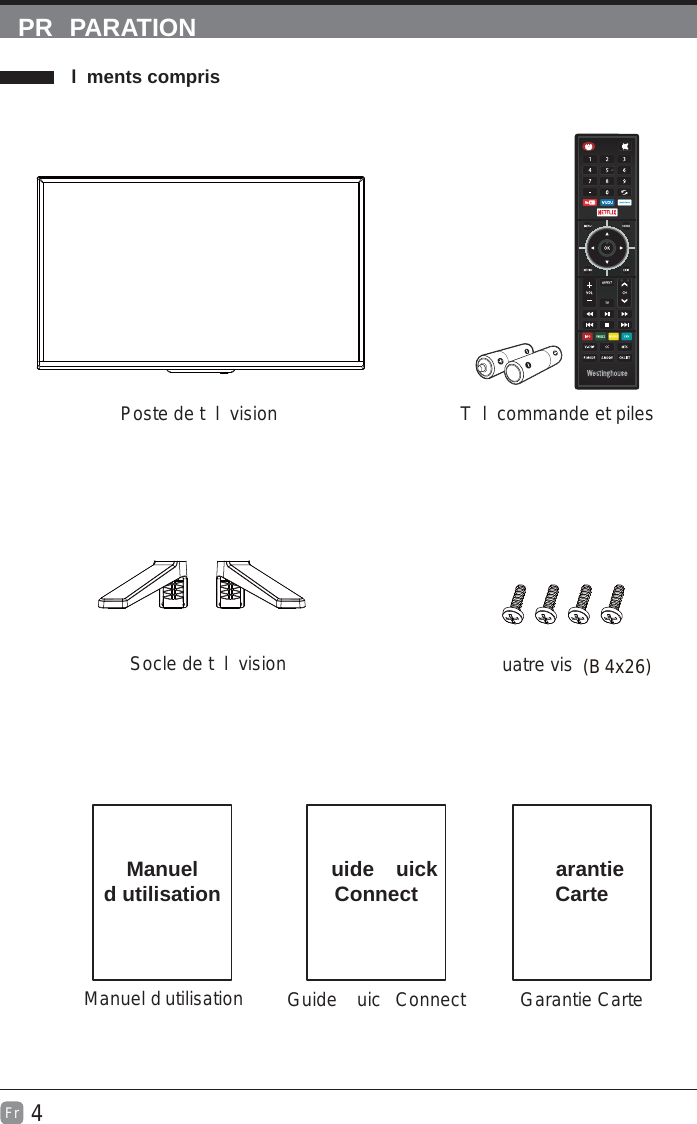 4FrPR PARATION l ments comprisManuel d utilisationManuel d utilisationGuide uic  Connectuide uick ConnectGarantie Cartearantie CarteT l commande et pilesSocle de t l visionPoste de t l visionuatre vis )  62x4B(&apos;96+):92++6).2I9: