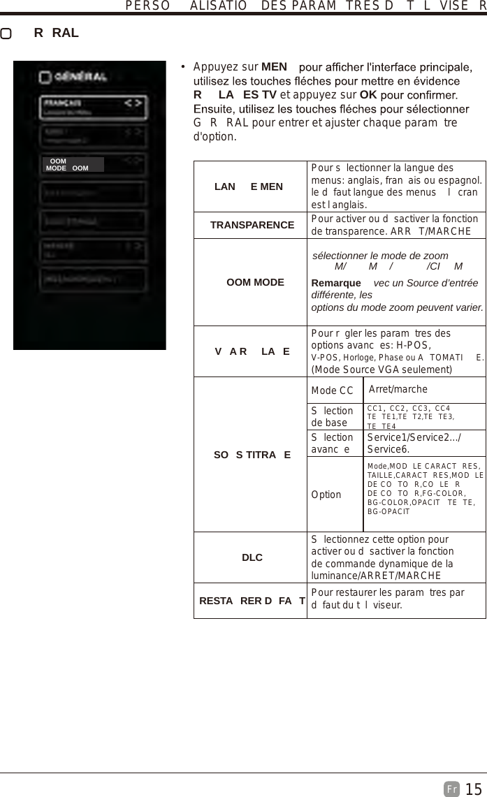 15Fr   R RAL Appuyez sur MENR LA ES TV et appuyez sur OKG R RAL pour entrer et ajuster chaque param tre d&apos;option.  LAN E MENPour s lectionner la langue des menus: anglais, fran ais ou espagnol. le d faut langue des menus   l cran est l anglais.TRANSPARENCE Pour activer ou d sactiver la fonction de transparence. ARR T/MARCHEOOM MODE Remarque   vec un Source d’entrée différente, lesoptions du mode zoom peuvent varier.VA R LAEPour r gler les param tres des options avanc es: H-POS,V-POS, Horloge, Phase ou A TOMATI E. (Mode Source VGA seulement)SO S TITRA EMode CCS lection de baseS lection avanc e Service1/Service2.../Service6.OptionDLCS lectionnez cette option pour activer ou d sactiver la fonction de commande dynamique de la luminance/ARRET/MARCHERESTA RER D FA T Pour restaurer les param tres par d faut du t l viseur.PERSO ALISATIO  DES PARAM TRES D  T L VISE Rsélectionner le mode de zoom  M/ M / /CI MArret/marcheCC1，CC2，CC3，CC4TE TE1,TE T2,TE TE3,TE TE4Mode,MOD LE CARACT RES,AILLE,CARACT RES,MOD LEDE CO TO R,CO LE RDE CO TO R,FG-COLOR,G-COLOR,OPACIT  TE TE,G-OPACITTBBMODE OOMOOM