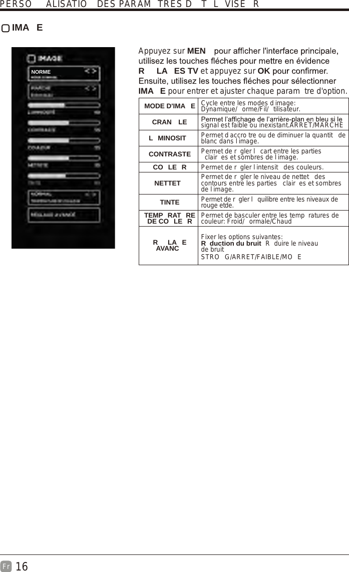 16Fr IMA E Appuyez sur MENR LA ES TV et appuyez sur OKIMA E pour entrer et ajuster chaque param tre d&apos;option.MODE D&apos;IMA E Cycle entre les modes d image: Dynamique/ orme/Fil/ tilisateur.CRAN LE signal est faible ou inexistant.ARRET/MARCHEL MINOSIT Permet daccro tre ou de diminuer la quantit  de blanc dans l image.CONTRASTE Permet de r gler l cart entre les parties clair es et sombres de l image.CO LE R Permet de r gler lintensit  des couleurs.NETTET Permet de r gler le niveau de nettet  des contours entre les parties  clair es et sombres de l image.TINTE Permet de r gler l quilibre entre les niveaux de rouge etde.TEMP RAT RE DE CO LE R Permet de basculer entre les temp ratures de couleur: Froid/ ormale/ChaudRLAE AVANC Fixer les options suivantes:R duction du bruit  R duire le niveau de bruit PERSO ALISATIO  DES PARAM TRES D  T L VISE RNORMESTRO G/ARRET/FAIBLE/MO E