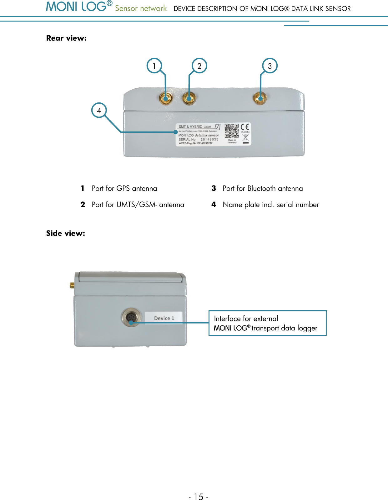  Sensor network DEVICE DESCRIPTION OF MONI LOG&reg; DATA LINK SENSOR - 15 - Rear view:   1   Port for GPS antenna 3   Port for Bluetooth antenna 2   Port for UMTS/GSM- antenna 4   Name plate incl. serial number Side view:      4 2 1 3 Interface for external     transport data logger 
