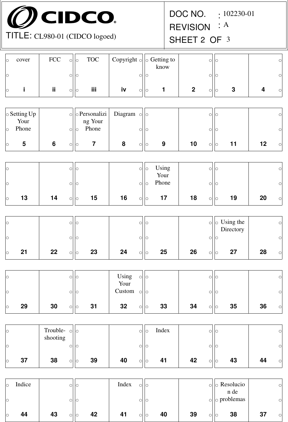 TITLE:DOC NO.      REVISIONSHEET     OF ::2102230-01A3CL980-01 (CIDCO logoed)cover FCC TOC Copyright Getting to knowSetting Up Your PhonePersonalizing Your PhoneDiagramUsing Your PhoneUsing the Directory Using Your CustomTrouble-shooting IndexIndice Index  Resolucion de problemasiii iiiiv 12 3456 78 910 111213 14 15 16 17 18 19 2021 22 23 24 25 26 27 2829 30 31 32 33 34 35 3637 38 39 40 41 42 43 4444 43 42 41 40 39 38 37