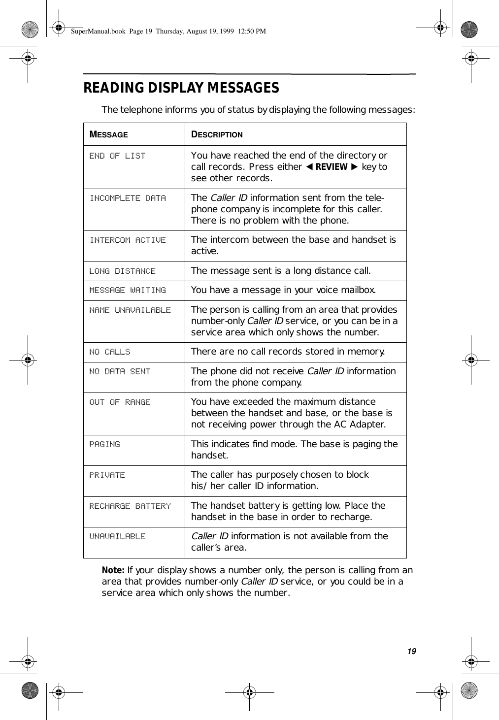 19READING DISPLAY MESSAGESThe telephone informs you of status by displaying the following messages:Note: If your display shows a number only, the person is calling from an area that provides number-only Caller ID service, or you could be in a service area which only shows the number.MESSAGE DESCRIPTIONEND OF LIST You have reached the end of the directory or call records. Press either ̇ REVIEW ̈ key to see other records.INCOMPLETE DATA The Caller ID information sent from the tele-phone company is incomplete for this caller. There is no problem with the phone.INTERCOM ACTIVE  The intercom between the base and handset is active. LONG DISTANCE  The message sent is a long distance call. MESSAGE WAITING  You have a message in your voice mailbox. NAME UNAVAILABLE The person is calling from an area that provides number-only Caller ID service, or you can be in a service area which only shows the number.NO CALLS There are no call records stored in memory.NO DATA SENT The phone did not receive Caller ID information from the phone company.OUT OF RANGE You have exceeded the maximum distance between the handset and base, or the base is not receiving power through the AC Adapter.PAGING This indicates find mode. The base is paging the handset.PRIVATE  The caller has purposely chosen to block his/her caller ID information. RECHARGE BATTERY The handset battery is getting low. Place the handset in the base in order to recharge.UNAVAILABLE Caller ID information is not available from the caller’s area.SuperManual.book  Page 19  Thursday, August 19, 1999  12:50 PM
