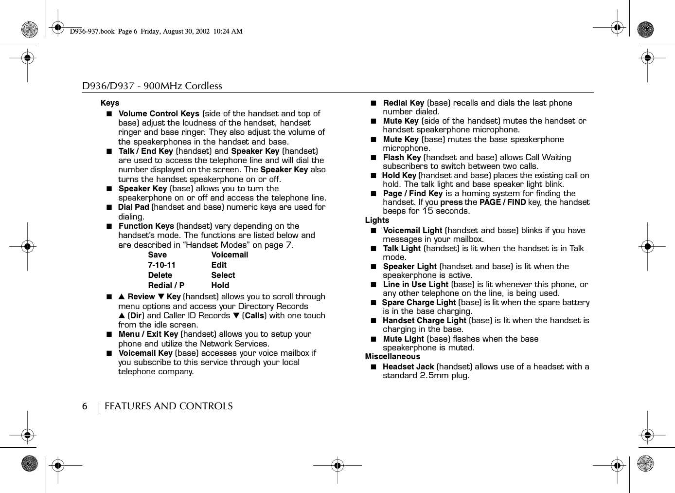D936/D937 - 900MHz Cordless6        FEATURES AND CONTROLSKeys■  Vo lume Control Keys (side of the handset and top of base) adjust the loudness of the handset, handset ringer and base ringer. They also adjust the volume of the speakerphones in the handset and base.■  Talk / End Key (handset) and Speaker Key (handset) are used to access the telephone line and will dial the number displayed on the screen. The Speaker Key also turns the handset speakerphone on or off.■  Speaker Key (base) allows you to turn the speakerphone on or off and access the telephone line.■  Dial Pad (handset and base) numeric keys are used for dialing.■  Function Keys (handset) vary depending on the handset’s mode. The functions are listed below and are described in “Handset Modes” on page 7.■  ̆ Review ̄ Key (handset) allows you to scroll through menu options and access your Directory Records ̆ (Dir) and Caller ID Records ̄ (Calls) with one touch from the idle screen.■  Menu / Exit Key (handset) allows you to setup your phone and utilize the Network Services.■  Voicemail Key (base) accesses your voice mailbox if you subscribe to this service through your local telephone company.■  Redial Key (base) recalls and dials the last phone number dialed.■  Mute Key (side of the handset) mutes the handset or handset speakerphone microphone.■  Mute Key (base) mutes the base speakerphone microphone.■  Flash Key (handset and base) allows Call Waiting subscribers to switch between two calls.■  Hold Key (handset and base) places the existing call on hold. The talk light and base speaker light blink.■  Page / Find Key is a homing system for finding the handset. If you press the PAGE / FI ND key, the handset beeps for 15 seconds.Lights■  Voicemail Light (handset and base) blinks if you have messages in your mailbox.■  Talk Light (handset) is lit when the handset is in Talk mode.■  Speaker Light (handset and base) is lit when the speakerphone is active.■  Line in Use Light (base) is lit whenever this phone, or any other telephone on the line, is being used.■  Spare Charge Light (base) is lit when the spare battery is in the base charging.■  Handset Charge Light (base) is lit when the handset is charging in the base.■  Mute Light (base) flashes when the base speakerphone is muted.Miscellaneous■  Headset Jack (handset) allows use of a headset with a standard 2.5mm plug.Save Voicemail7-10-11 EditDelete SelectRedial / P HoldD936-937.book Page 6 Friday, August 30, 2002 10:24 AM