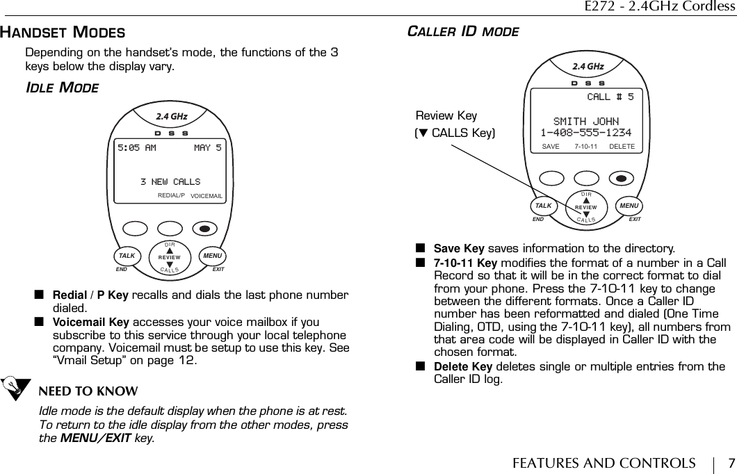 E272 - 2.4GHz CordlessFEATURES AND CONTROLS        7HANDSET MODESDepending on the handset’s mode, the functions of the 3 keys below the display vary.IDLE MODE■Redial / P Key recalls and dials the last phone number dialed.■Voicemail Key accesses your voice mailbox if you subscribe to this service through your local telephone company. Voicemail must be setup to use this key. See “Vmail Setup” on page 12.NEED TO KNOWIdle mode is the default display when the phone is at rest. To return to the idle display from the other modes, press the MENU/EXIT key.CALLER ID MODE■Save Key saves information to the directory.■7-10-11 Key modifies the format of a number in a Call Record so that it will be in the correct format to dial from your phone. Press the 7-10-11 key to change between the different formats. Once a Caller ID number has been reformatted and dialed (One Time Dialing, OTD, using the 7-10-11 key), all numbers from that area code will be displayed in Caller ID with the chosen format.■Delete Key deletes single or multiple entries from the Caller ID log.TALK MENUEXITCALLSDIRREVIEWDSSEND2.4 GHzREDIAL/P VOICEMAIL5:05 AM       MAY 53 NEW CALLSTALK MENUEXITCALL # 5SMITH JOHN1-408-555-1234SAVE 7-10-11 DELETECALLSDIRREVIEWDSSEND2.4 GHz( CALLS Key)Review Key