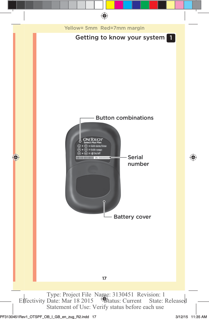 171 Getting to know your systemYellow= 5mm  Red=7mm marginPF3130451Rev1_OTSPF_OB_I_GB_en_zug_R2.indd   17 3/12/15   11:35 AM Statement of Use: Verify status before each useEffectivity Date: Mar 18 2015       Status: Current     State: ReleasedType: Project File  Name: 3130451  Revision: 1