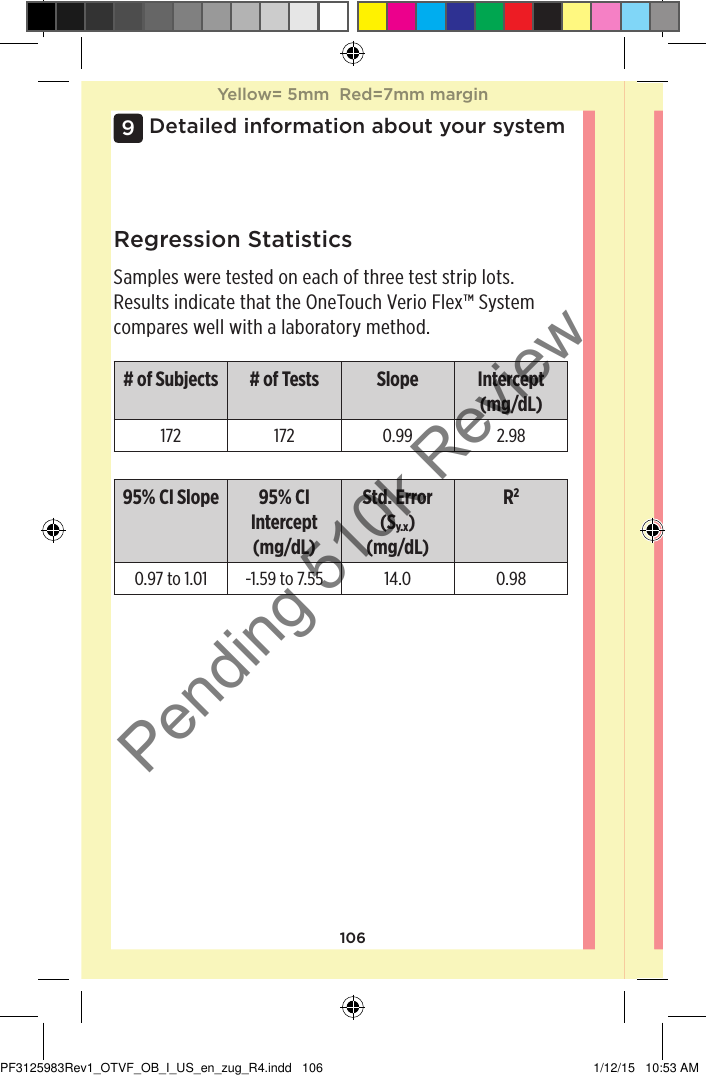 106Detailed information about your system9Regression StatisticsSamples were tested on each of three test strip lots. Results indicate that the OneTouchVerioFlex™ System compares well with a laboratory method.# of Subjects # of Tests Slope Intercept (mg/dL)172 172 0.99 2.9895% CI Slope 95% CI Intercept (mg/dL)Std. Error (Sy.x) (mg/dL)R20.97 to 1.01 -1.59 to 7.55 14.0 0.98Yellow= 5mm  Red=7mm marginYellow= 5mm  Red=7mm marginPF3125983Rev1_OTVF_OB_I_US_en_zug_R4.indd   106 1/12/15   10:53 AMPending 510k Review