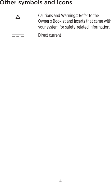 4Other symbols and iconsCautions and Warnings: Refer to the Owner&apos;s Booklet and inserts that came with your system for safety-related information. Direct current 