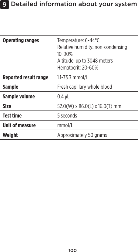 100Detailed information about your system9Operating ranges Temperature: 6-44°CRelative humidity: non-condensing 10-90%Altitude: up to 3048metersHematocrit: 20-60%Reported result range 1.1-33.3mmol/LSample Fresh capillary whole bloodSample volume 0.4µLSize 52.0(W) x 86.0(L) x 16.0(T)mmTest time 5 secondsUnit of measure mmol/LWeight Approximately 50grams