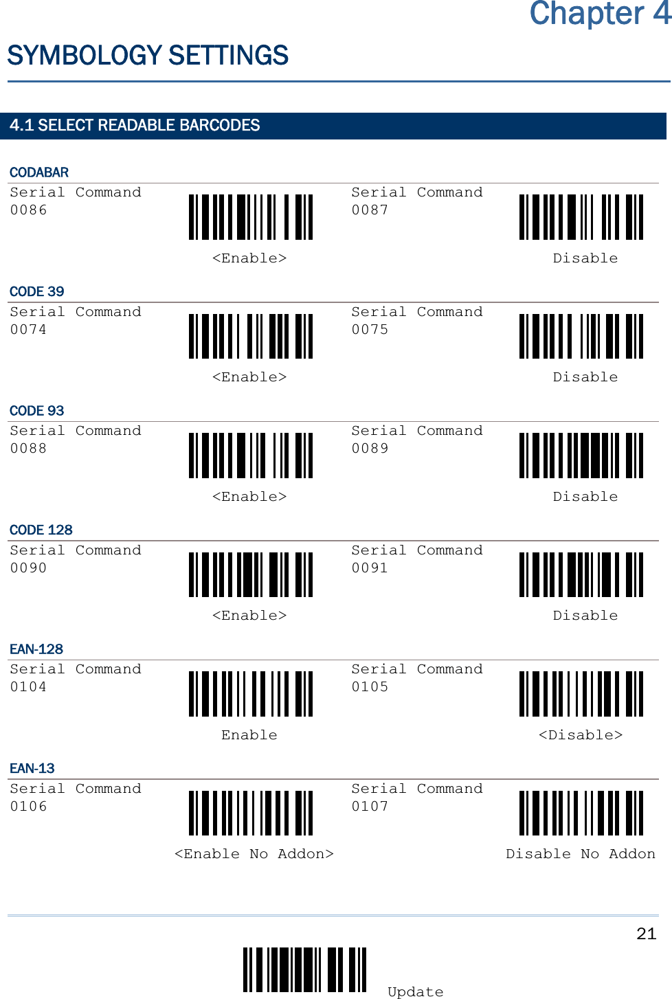 21Update4.1 SELECT READABLE BARCODES CODABARSerial Command0086Serial Command 0087       &lt;Enable&gt;     Disable CODE 39 Serial Command0074Serial Command 0075       &lt;Enable&gt;     Disable CODE 93 Serial Command0088Serial Command 0089       &lt;Enable&gt;     Disable CODE 128 Serial Command0090Serial Command 0091       &lt;Enable&gt;     Disable EAN-128Serial Command0104Serial Command 0105        Enable    &lt;Disable&gt; EAN-13Serial Command0106Serial Command 0107   &lt;Enable No Addon&gt;    Disable No AddonChapter 4SYMBOLOGY SETTINGS 