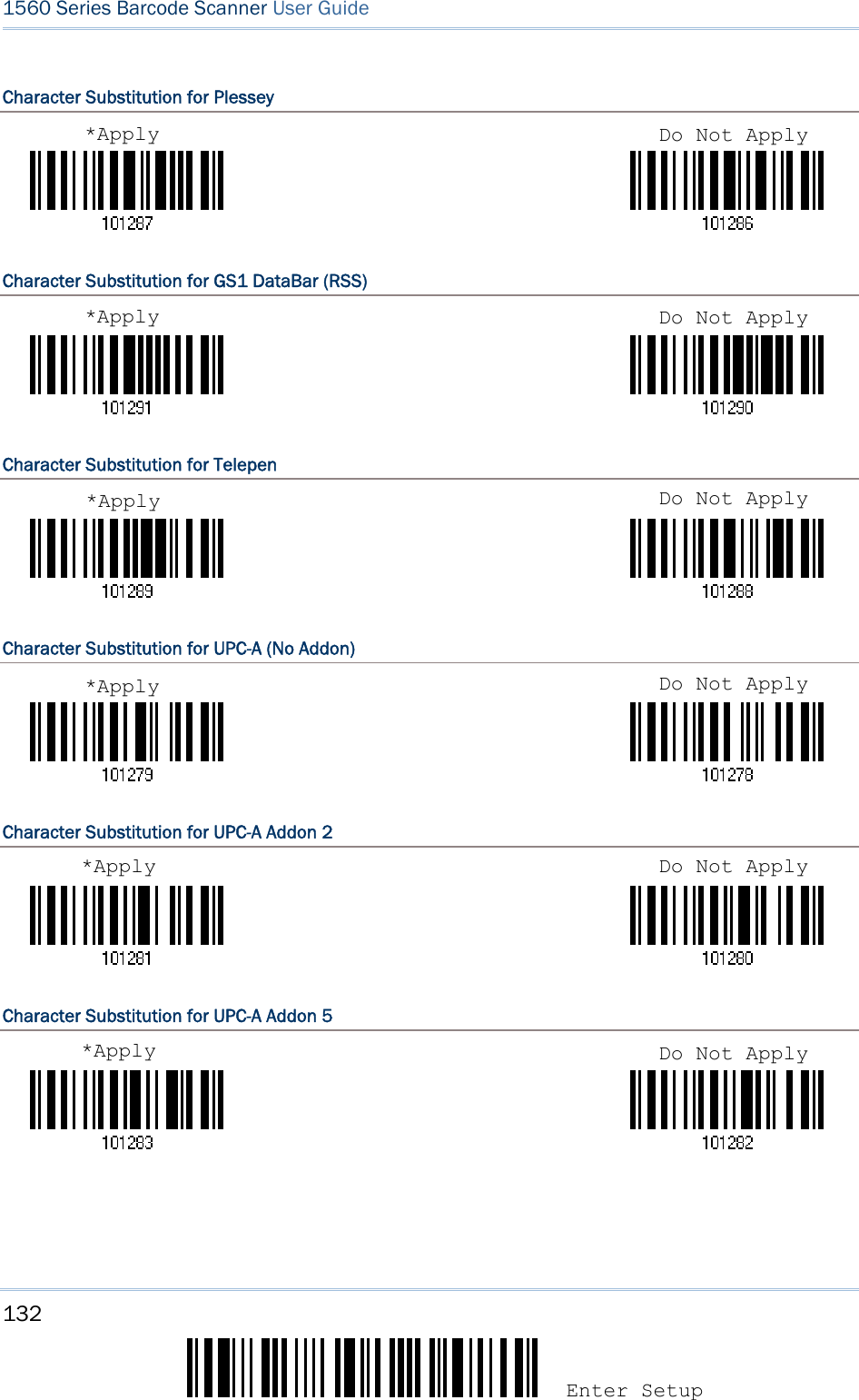 132 Enter Setup 1560 Series Barcode Scanner User Guide  Character Substitution for Plessey                                       Character Substitution for GS1 DataBar (RSS)                                       Character Substitution for Telepen                                       Character Substitution for UPC-A (No Addon)                                       Character Substitution for UPC-A Addon 2                                       Character Substitution for UPC-A Addon 5                                          *Apply Do Not Apply*Apply Do Not Apply*Apply Do Not Apply*Apply Do Not Apply*Apply Do Not Apply*Apply Do Not Apply
