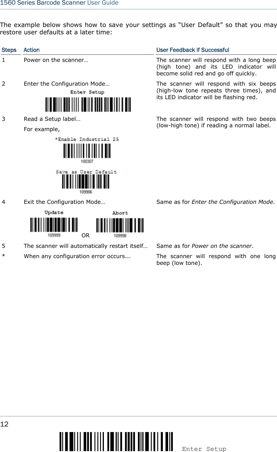 12 Enter Setup 1560 Series Barcode Scanner User Guide  The example below shows how to save your settings as “User Default” so that you may restore user defaults at a later time: Steps  Action  User Feedback if Successful 1  Power on the scanner… The scanner will respond with a long beep (high tone) and its LED indicator will become solid red and go off quickly. 2  Enter the Configuration Mode…  The scanner will respond with six beeps (high-low tone repeats three times), and its LED indicator will be flashing red.  3  Read a Setup label… For example,               The scanner will respond with two beeps (low-high tone) if reading a normal label. 4  Exit the Configuration Mode…     OR    Same as for Enter the Configuration Mode. 5  The scanner will automatically restart itself…  Same as for Power on the scanner. *  When any configuration error occurs... The scanner will respond with one long beep (low tone).  