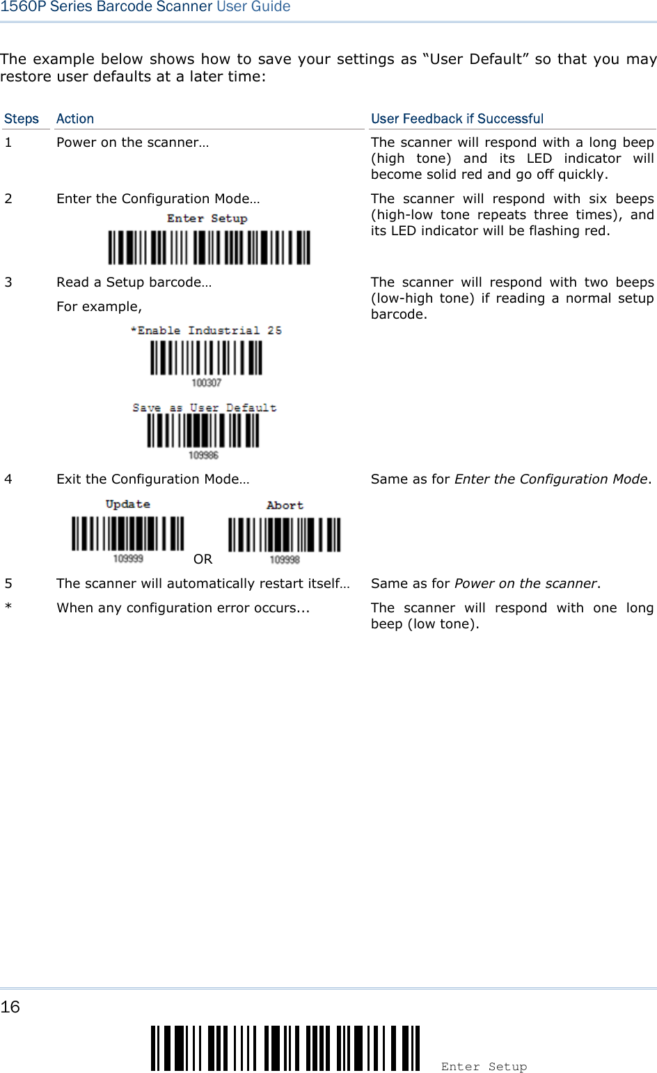 16 Enter Setup 1560P Series Barcode Scanner User Guide The example below shows how to save your settings as “User Default” so that you may restore user defaults at a later time: Steps  Action  User Feedback if Successful 1  Power on the scanner…  The scanner will respond with a long beep (high  tone)  and  its  LED  indicator  will become solid red and go off quickly. 2  Enter the Configuration Mode… The  scanner  will  respond  with  six  beeps (high-low  tone  repeats  three  times),  and its LED indicator will be flashing red. 3  Read a Setup barcode… For example, The  scanner  will  respond  with  two  beeps (low-high  tone)  if  reading  a normal  setup barcode. 4  Exit the Configuration Mode…   OR   Same as for Enter the Configuration Mode. 5  The scanner will automatically restart itself…  Same as for Power on the scanner. *  When any configuration error occurs... The  scanner  will  respond  with  one  long beep (low tone). 