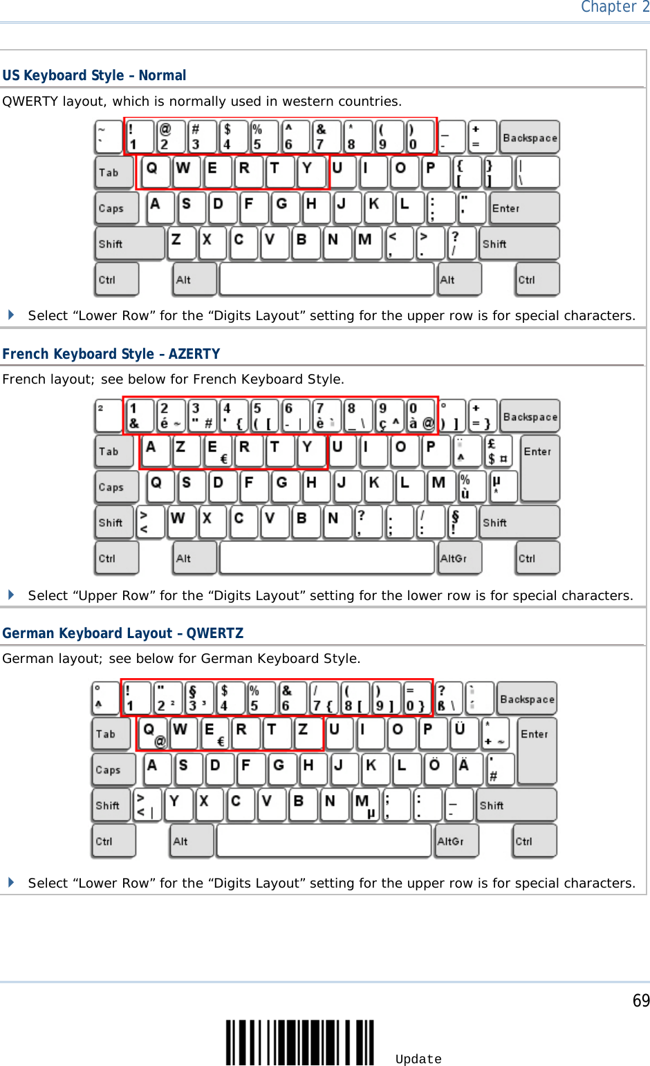     69 Update  Chapter 2    US Keyboard Style – Normal QWERTY layout, which is normally used in western countries.                  Select “Lower Row” for the “Digits Layout” setting for the upper row is for special characters.  French Keyboard Style – AZERTY French layout; see below for French Keyboard Style.                  Select “Upper Row” for the “Digits Layout” setting for the lower row is for special characters.  German Keyboard Layout – QWERTZ German layout; see below for German Keyboard Style.                Select “Lower Row” for the “Digits Layout” setting for the upper row is for special characters.     