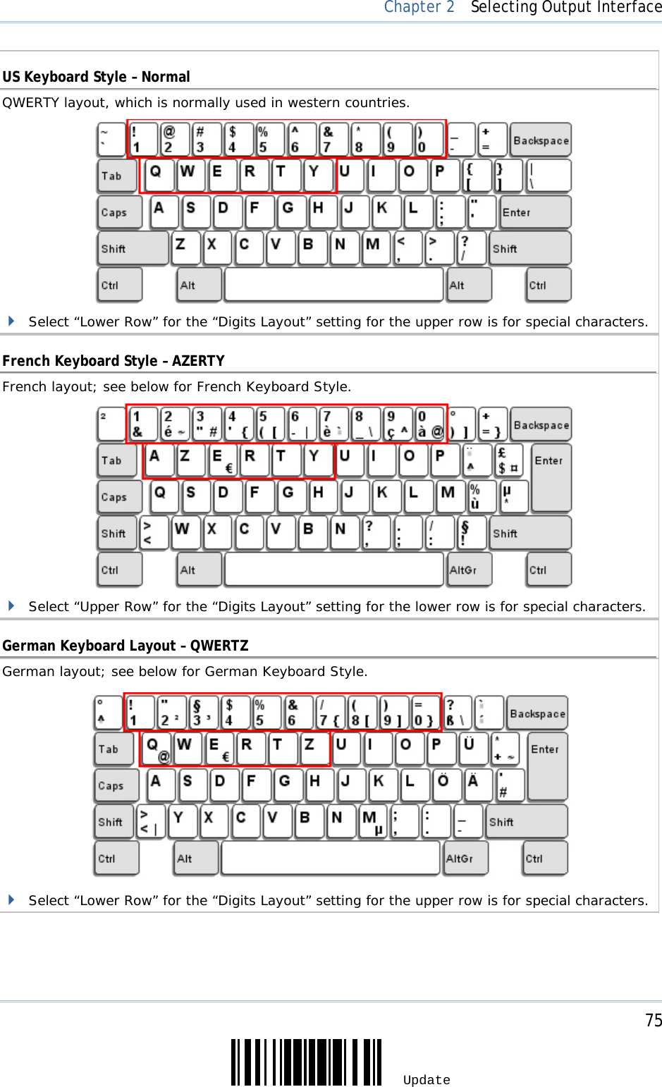     75 Update  Chapter 2  Selecting Output Interface US Keyboard Style – Normal QWERTY layout, which is normally used in western countries.                  Select “Lower Row” for the “Digits Layout” setting for the upper row is for special characters.  French Keyboard Style – AZERTY French layout; see below for French Keyboard Style.                  Select “Upper Row” for the “Digits Layout” setting for the lower row is for special characters.  German Keyboard Layout – QWERTZ German layout; see below for German Keyboard Style.                Select “Lower Row” for the “Digits Layout” setting for the upper row is for special characters.     