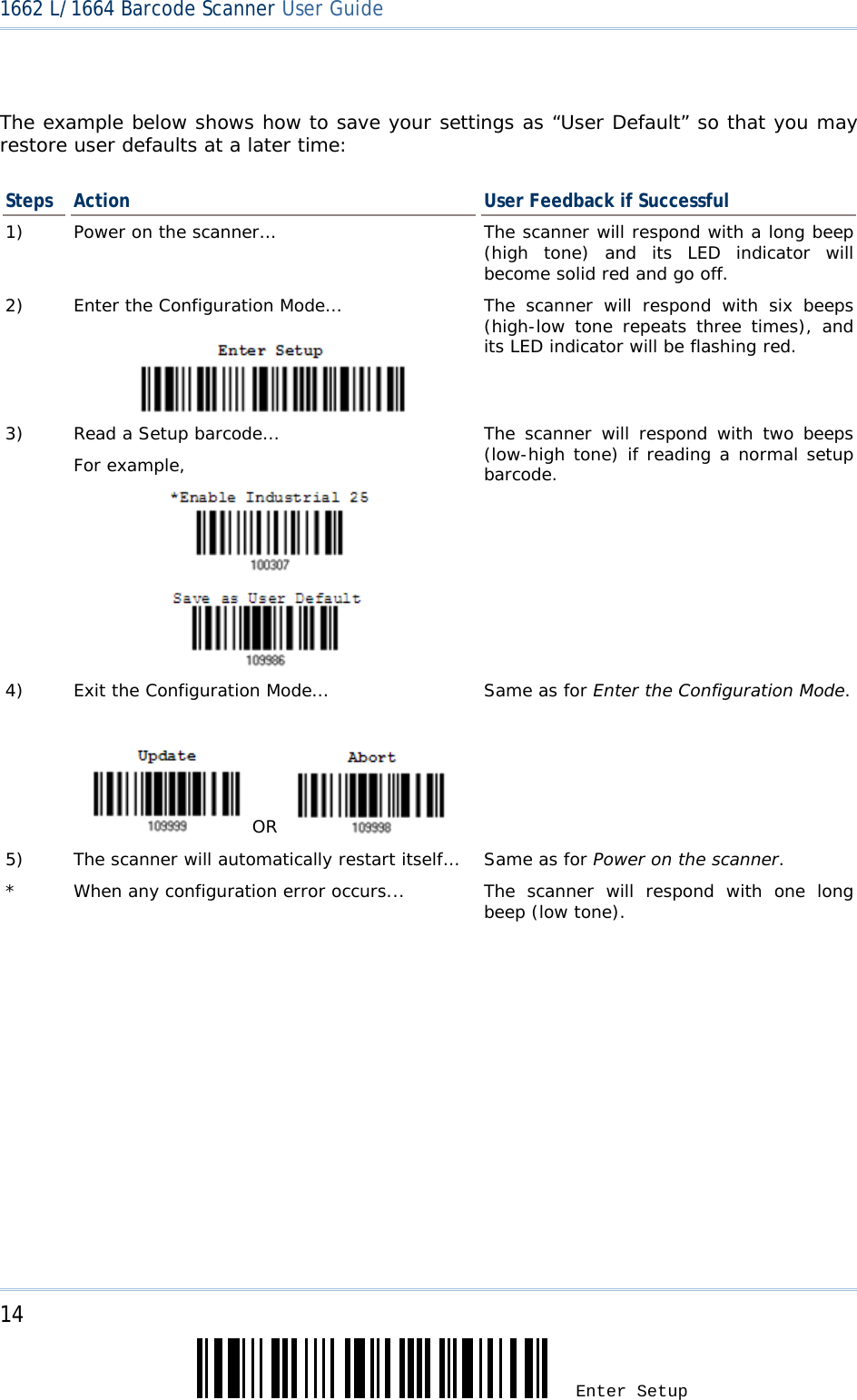 14 Enter Setup 1662 L/1664 Barcode Scanner User Guide   The example below shows how to save your settings as “User Default” so that you may restore user defaults at a later time: Steps  Action  User Feedback if Successful 1)  Power on the scanner… The scanner will respond with a long beep (high tone) and its LED indicator will become solid red and go off. 2)  Enter the Configuration Mode…  The scanner will respond with six beeps (high-low tone repeats three times), and its LED indicator will be flashing red.  3)  Read a Setup barcode… For example,               The scanner will respond with two beeps (low-high tone) if reading a normal setup barcode. 4)  Exit the Configuration Mode…      OR    Same as for Enter the Configuration Mode. 5)  The scanner will automatically restart itself…  Same as for Power on the scanner. *  When any configuration error occurs...  The scanner will respond with one long beep (low tone).   
