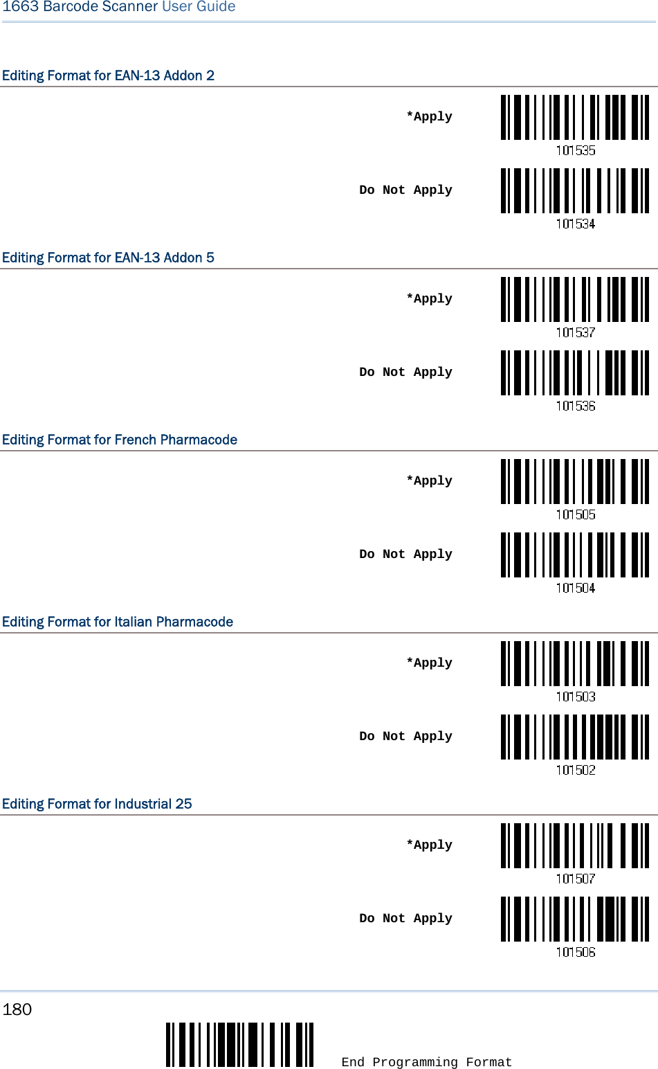 180  End Programming Format 1663 Barcode Scanner User Guide  Editing Format for EAN-13 Addon 2  *Apply Do Not ApplyEditing Format for EAN-13 Addon 5  *Apply Do Not ApplyEditing Format for French Pharmacode  *Apply Do Not ApplyEditing Format for Italian Pharmacode  *Apply Do Not ApplyEditing Format for Industrial 25  *Apply Do Not Apply